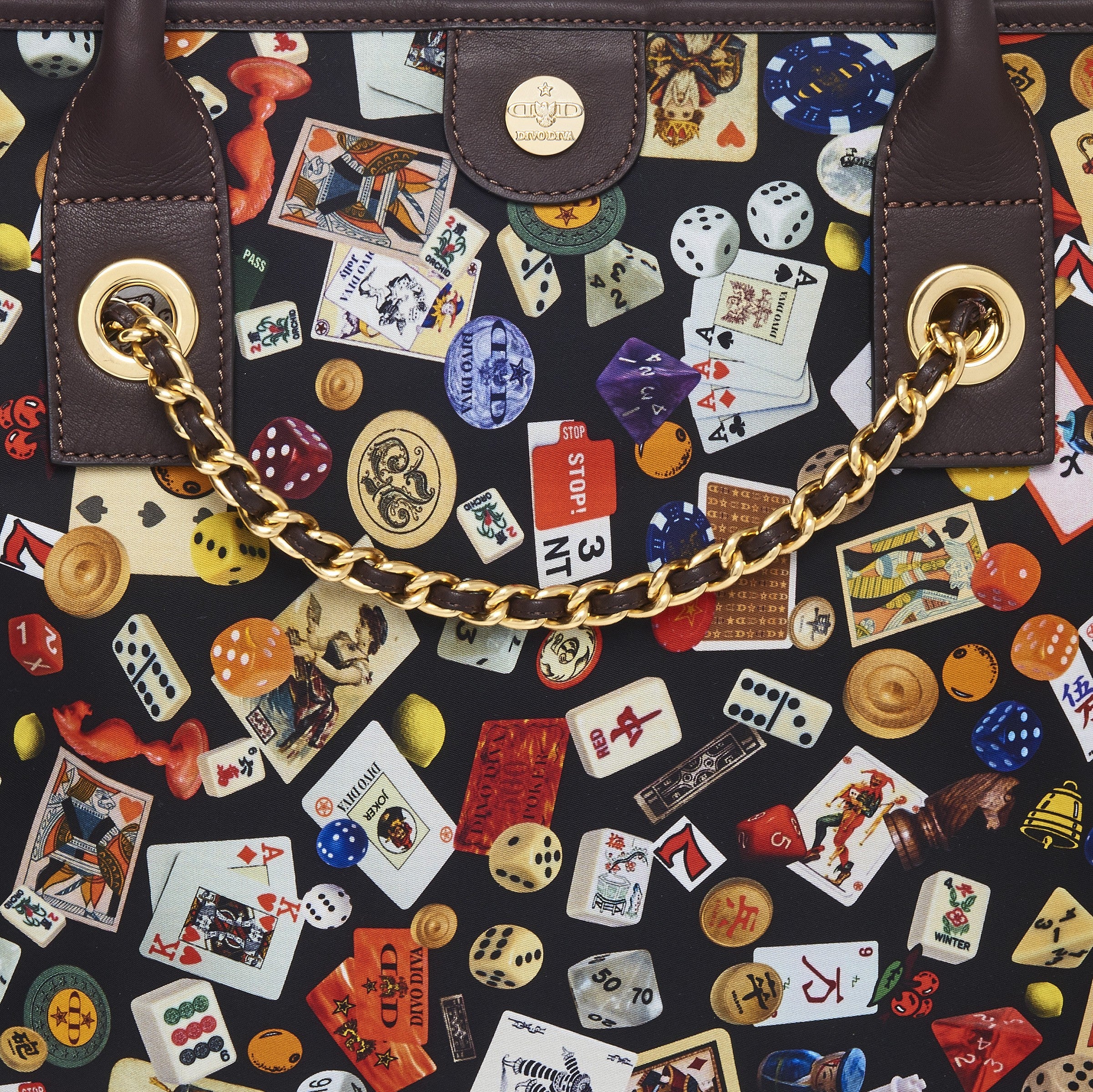 Macao Borsa large shopping bag with Nylon chains featuring Multicolor Gambling Design Black/Cocoa
