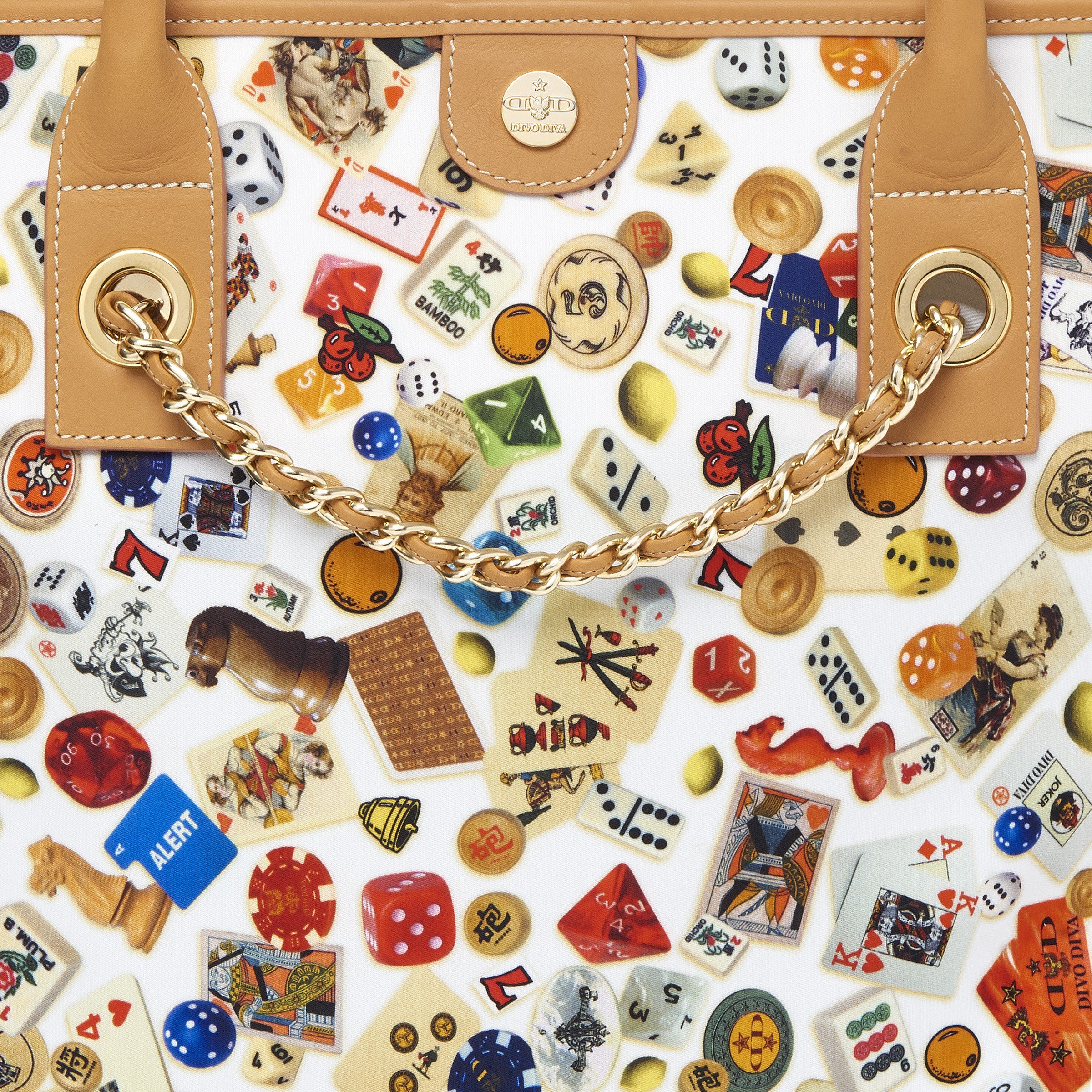 Macao Borsa large shopping bag with Nylon chains featuring Multicolor Gambling Design White/Cookie