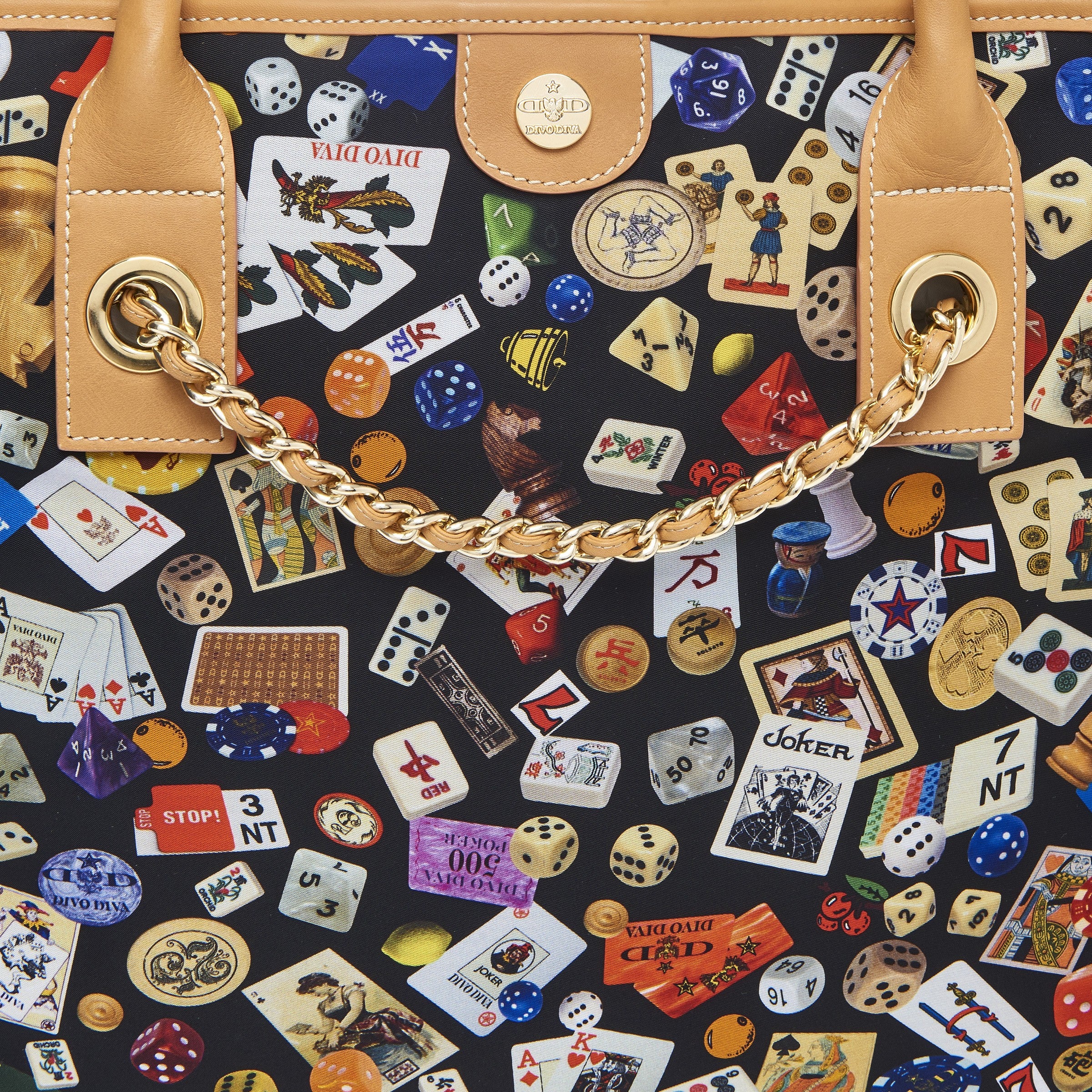 Macao Borsa large shopping bag with Nylon chains featuring Multicolor Gambling Design Black/Cookie