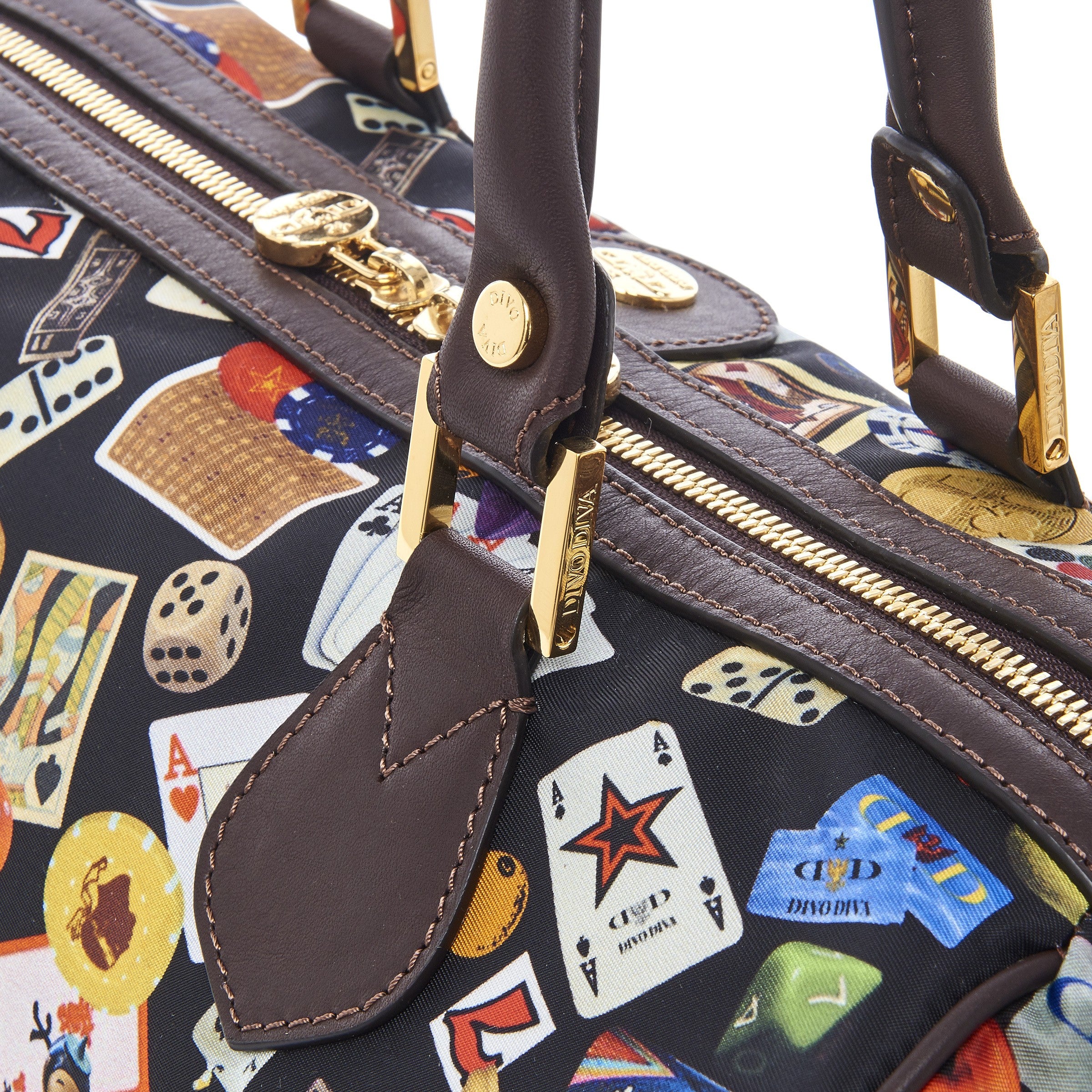 Montecarlo Hand Bag with Nylon Shoulder Strap with Multicolor Gambling Design Black/Cocoa