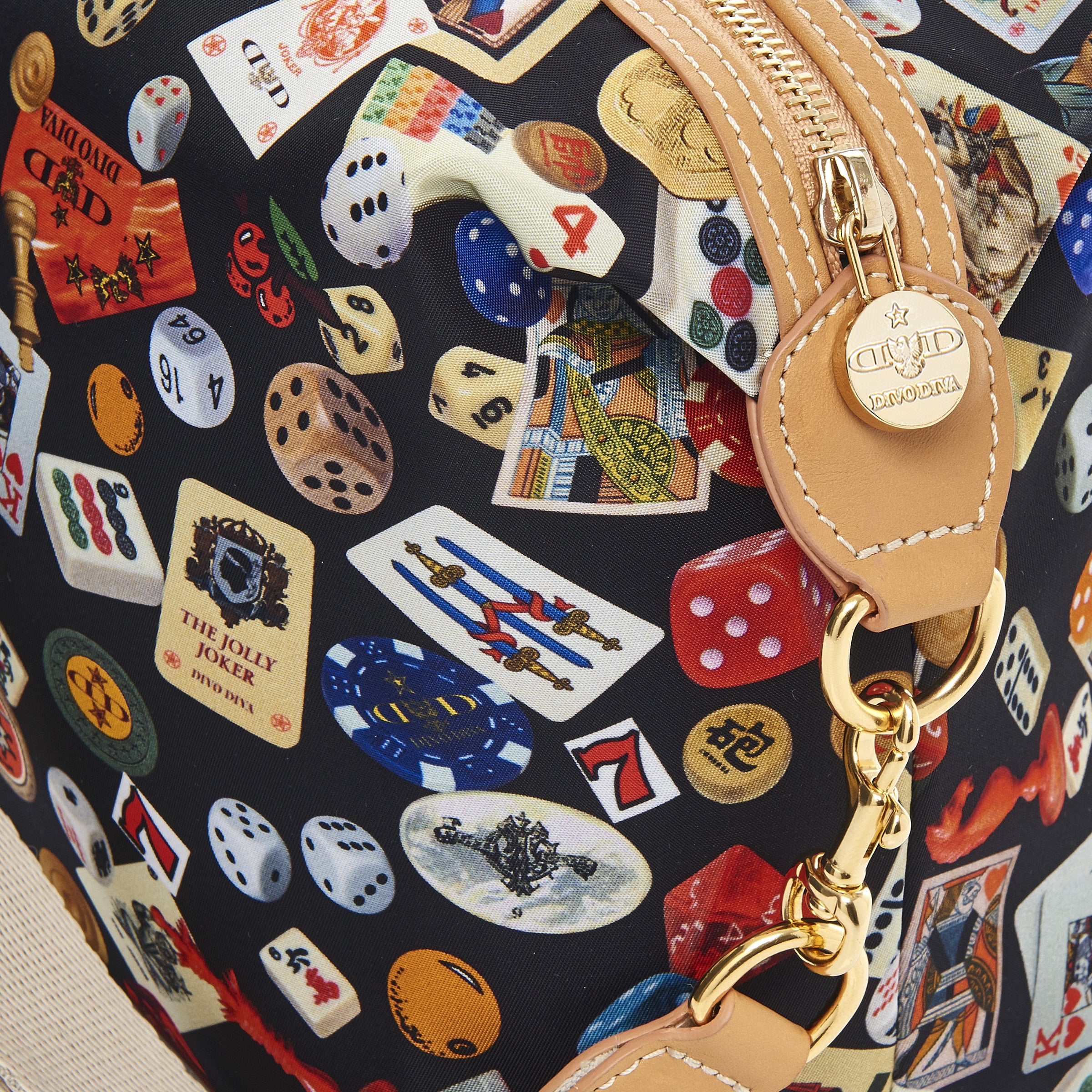 Dublin Tracolla in Nylon con Disegno Gambling Multicolor Nero/Biscotto