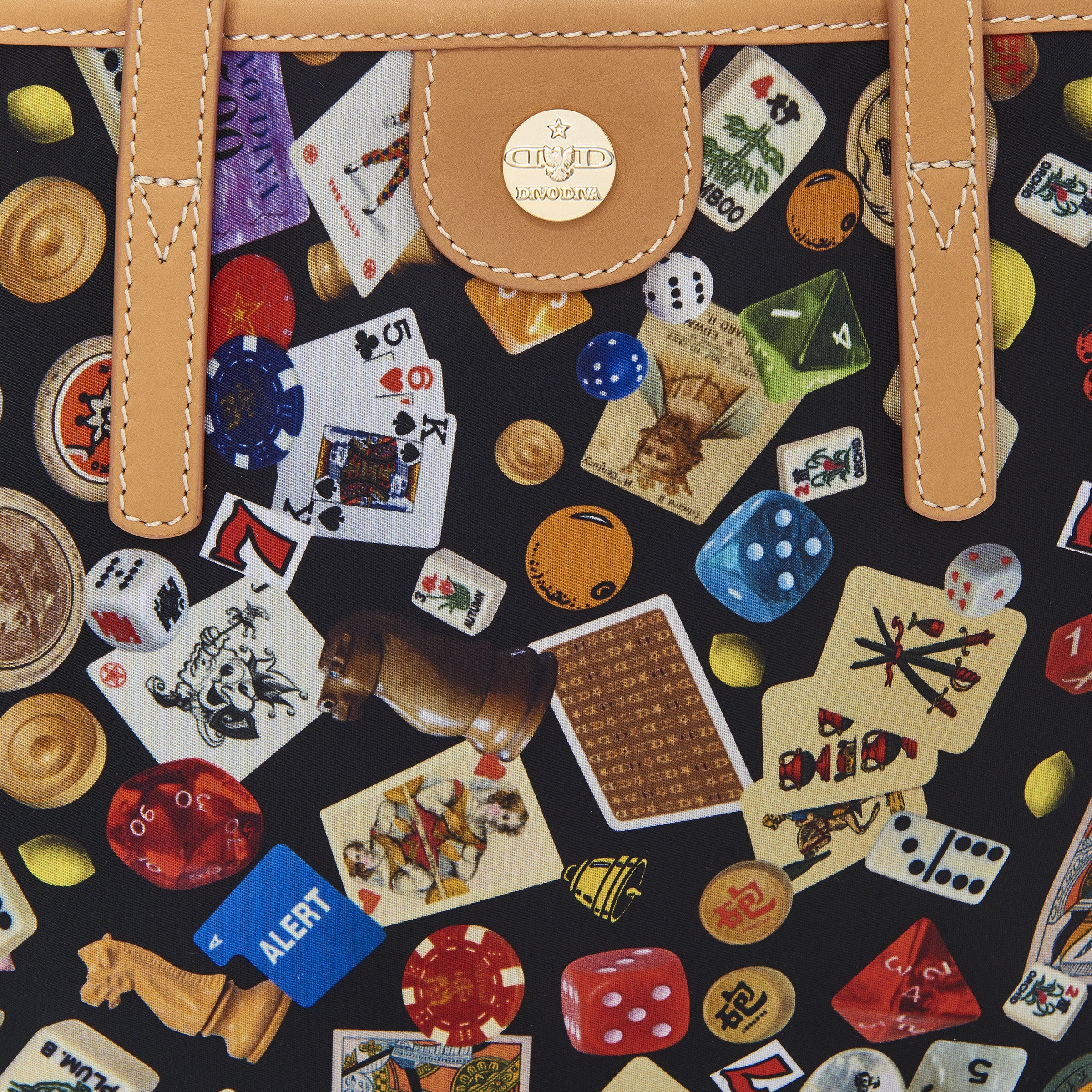 Venice small shopping bag with nylon shoulder strap with multicolor gambling design black/biscuit
