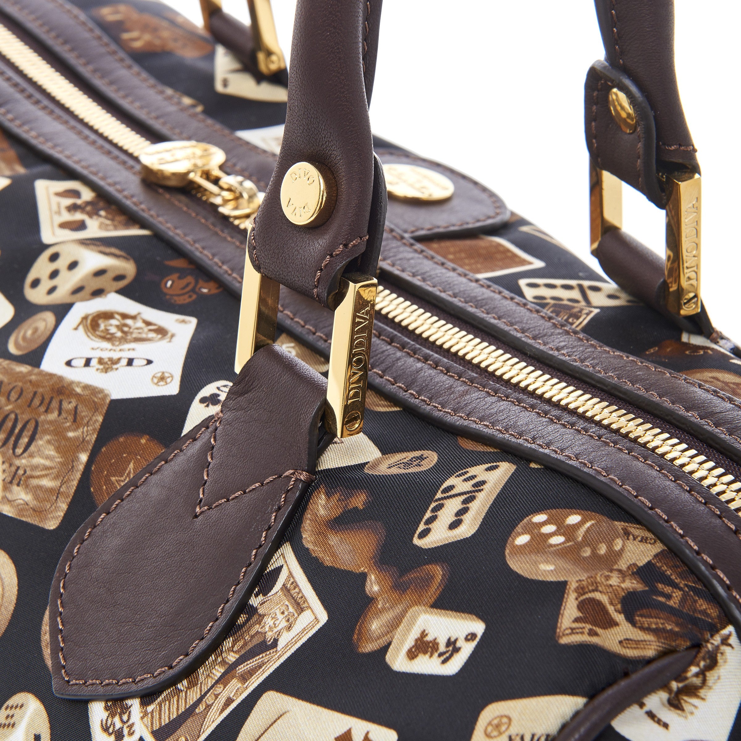 Montecarlo Hand Bag with Nylon Shoulder Strap in Classic Gambling Design Brown/Cocoa