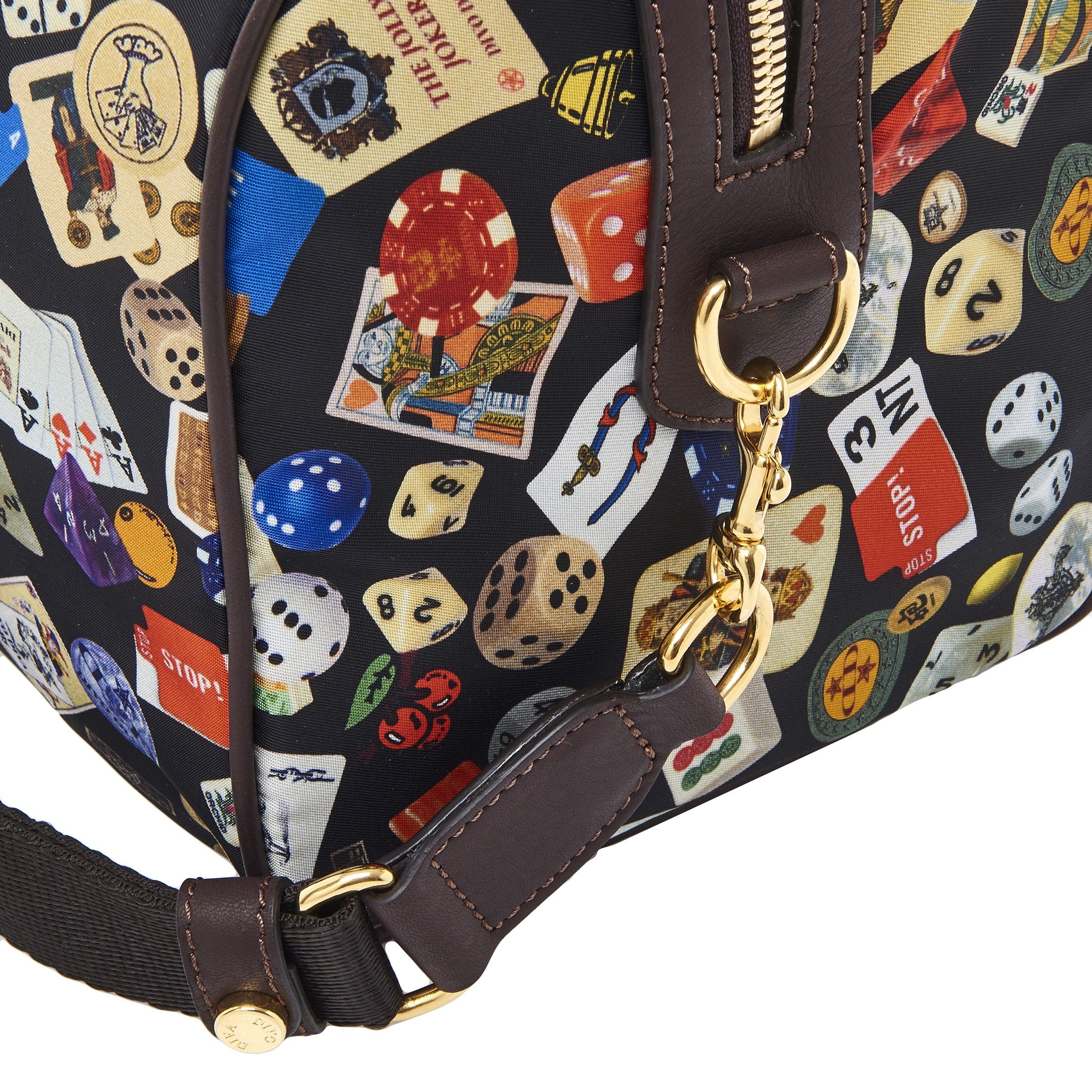 Montecarlo Hand Bag with Nylon Shoulder Strap with Multicolor Gambling Design Black/Cocoa