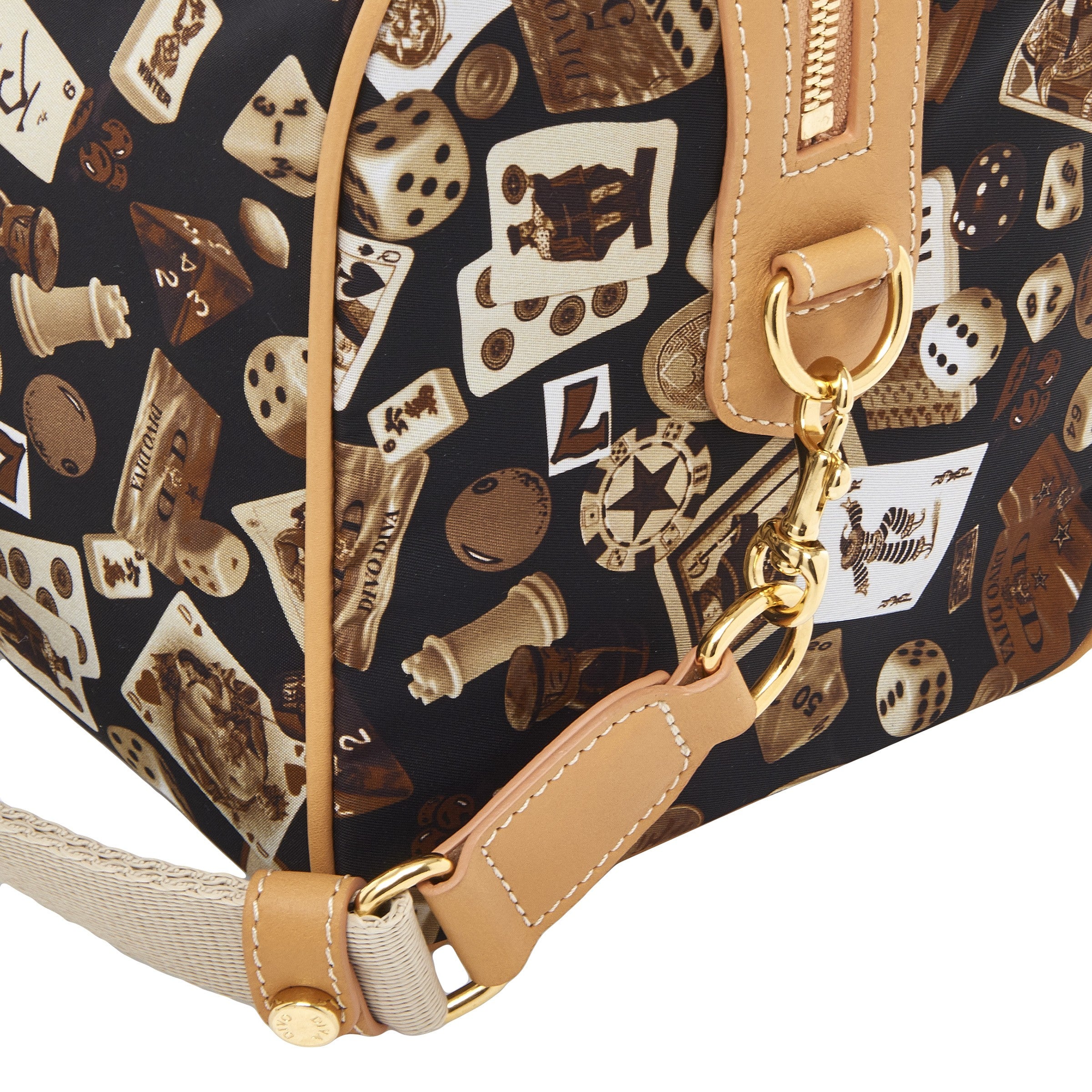 Montecarlo Hand Bag with Nylon Shoulder Strap with Classic Gambling Design Brown/Biscuit