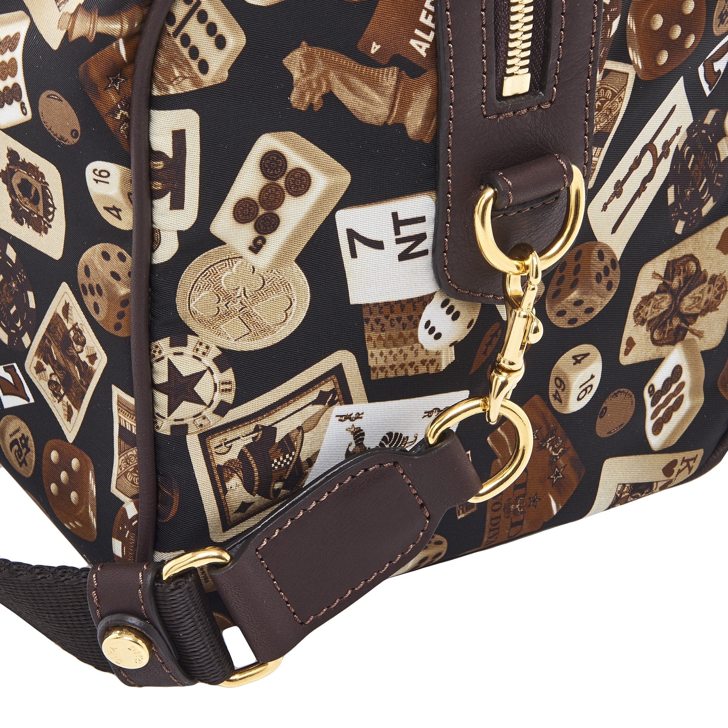 Montecarlo Hand Bag with Nylon Shoulder Strap in Classic Gambling Design Brown/Cocoa