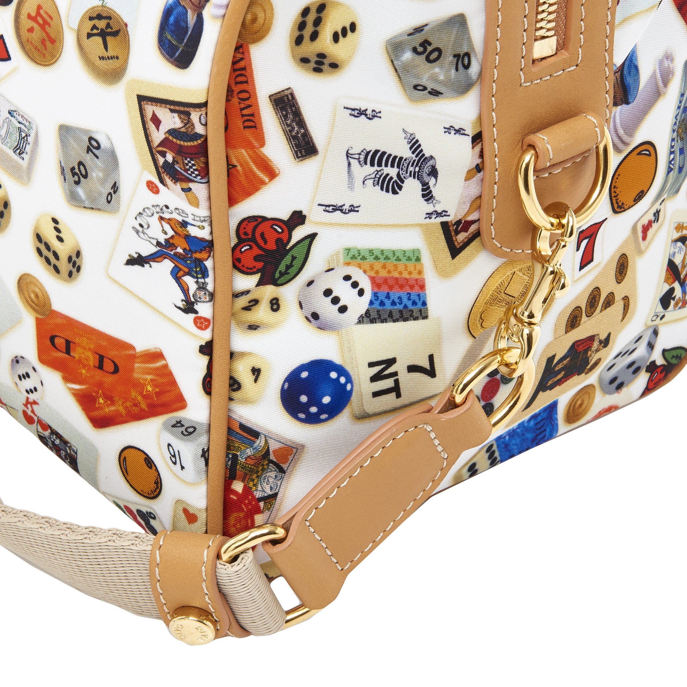Montecarlo Hand Bag with Nylon Shoulder Strap with Multicolor Gambling Design White/Biscuit