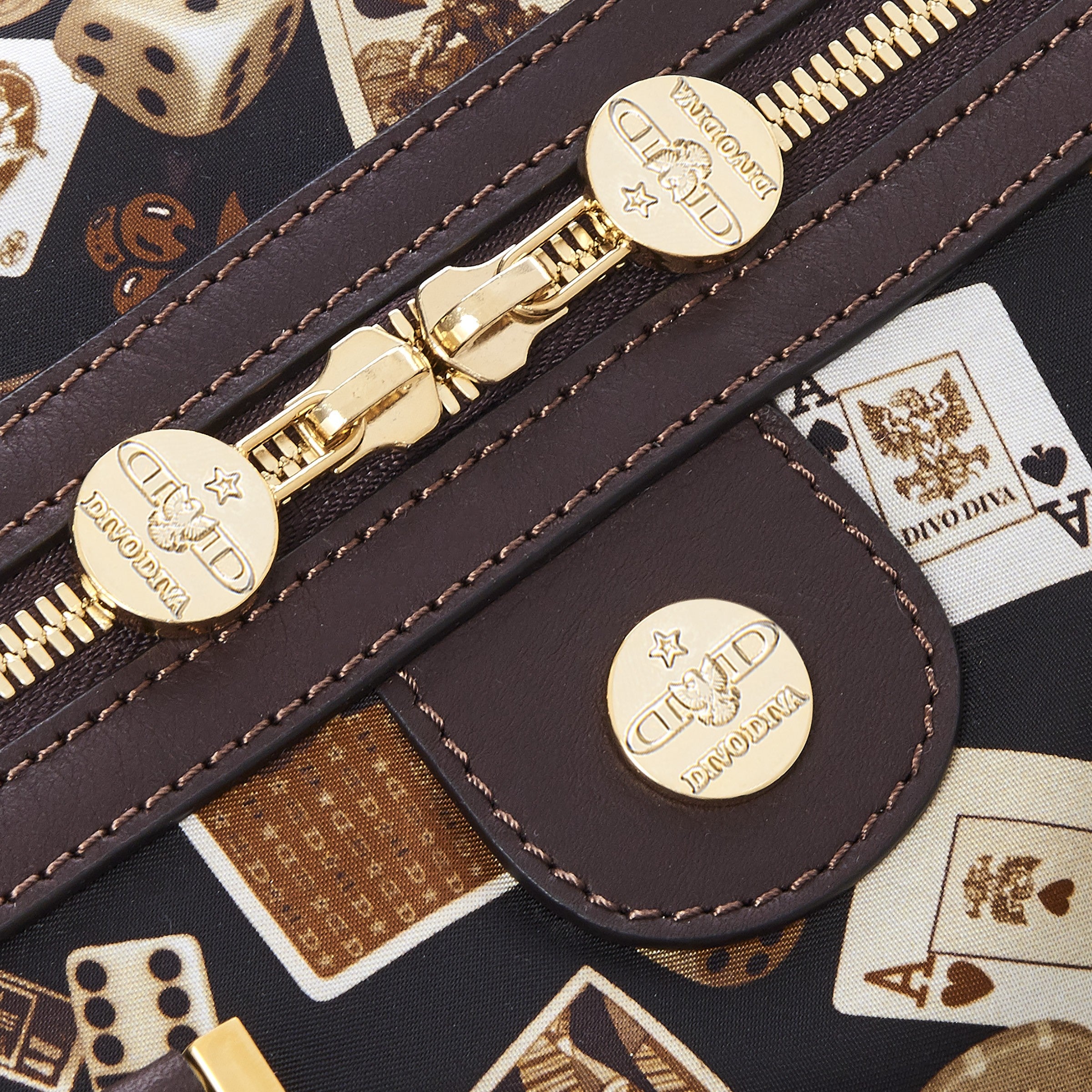 Montecarlo Hand Bag with Nylon Shoulder Strap in Classic Gambling Design Brown/Cocoa