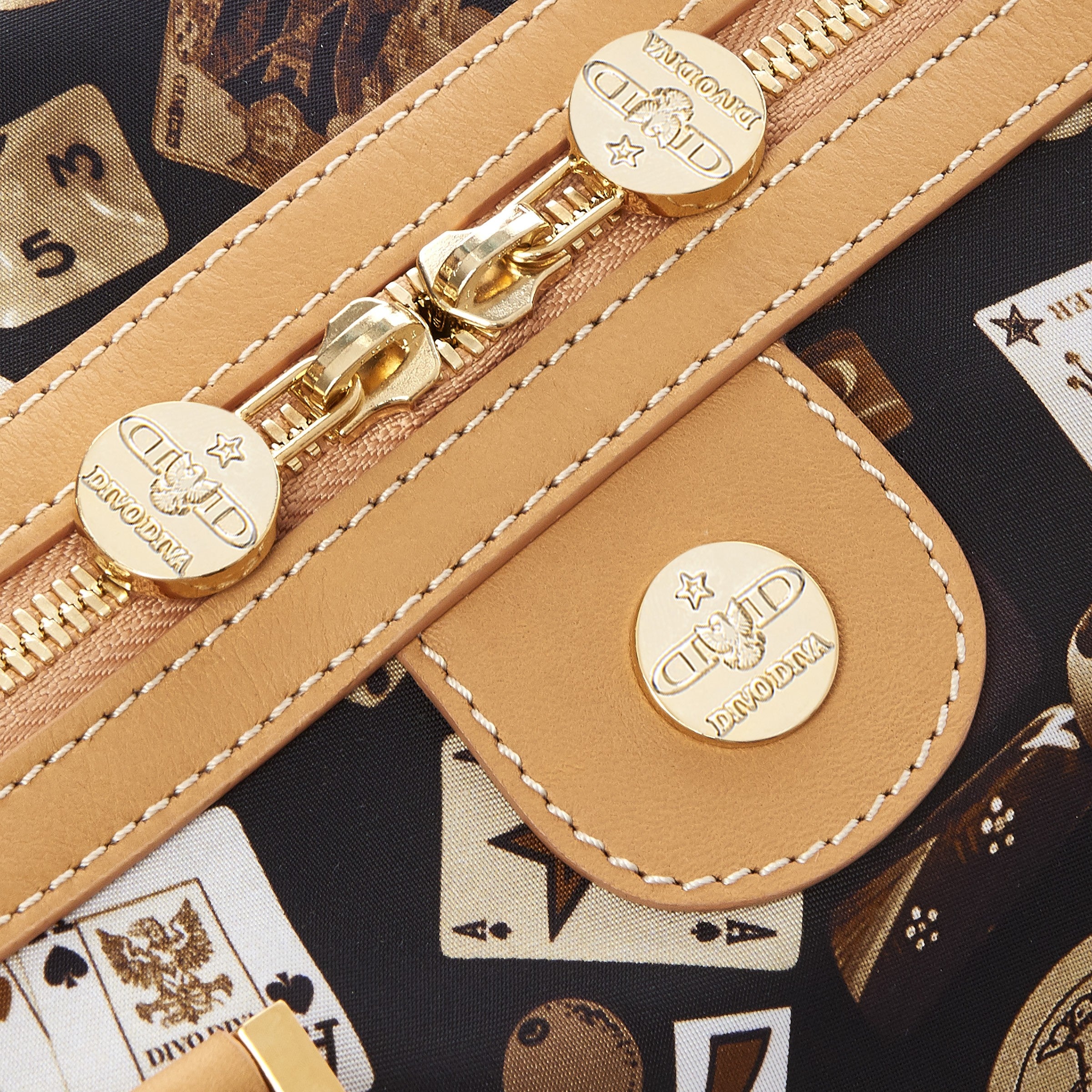 Montecarlo Hand Bag with Nylon Shoulder Strap with Classic Gambling Design Brown/Biscuit