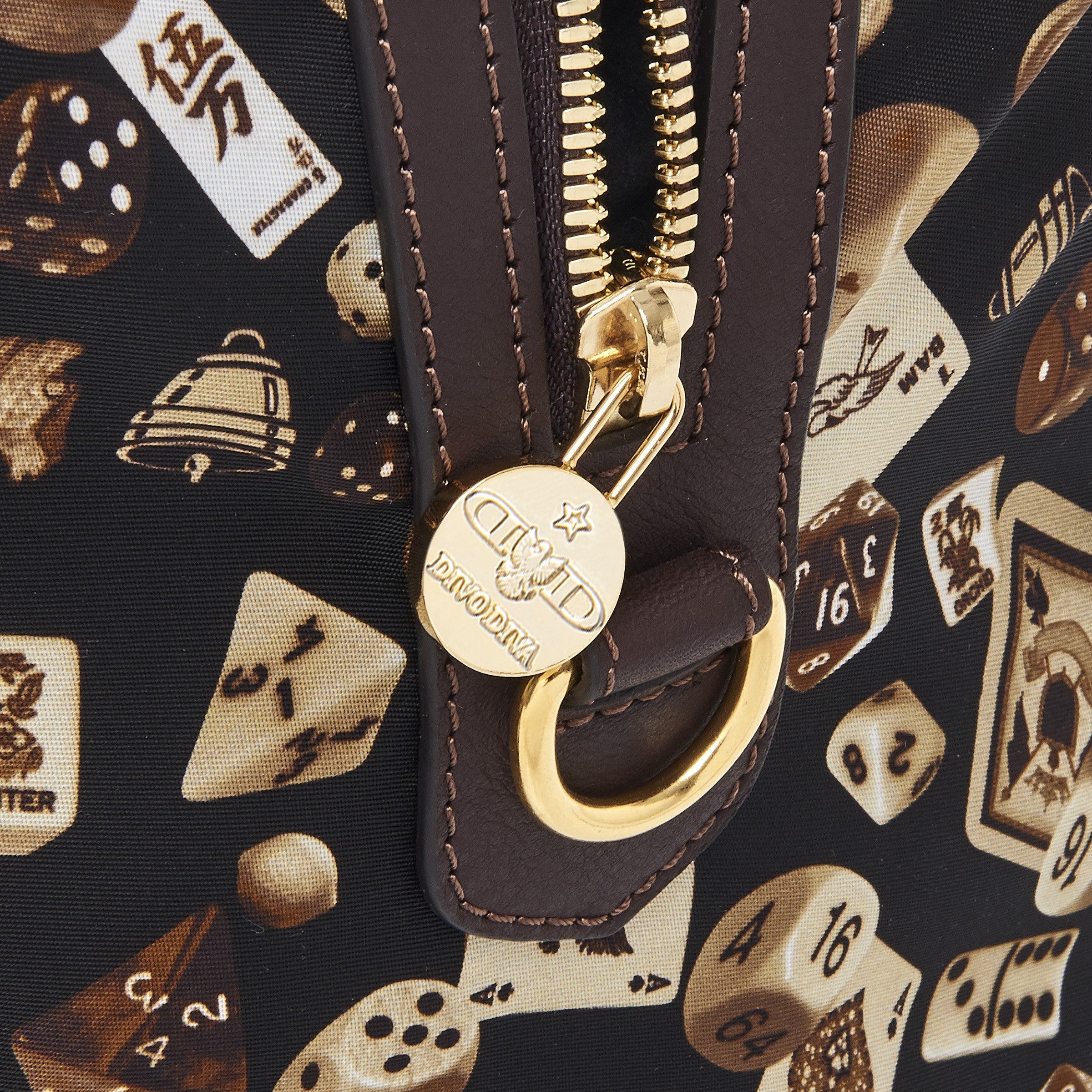 Montecarlo Hand Bag with Nylon Shoulder Strap in Classic Gambling Design Brown/Cocoa