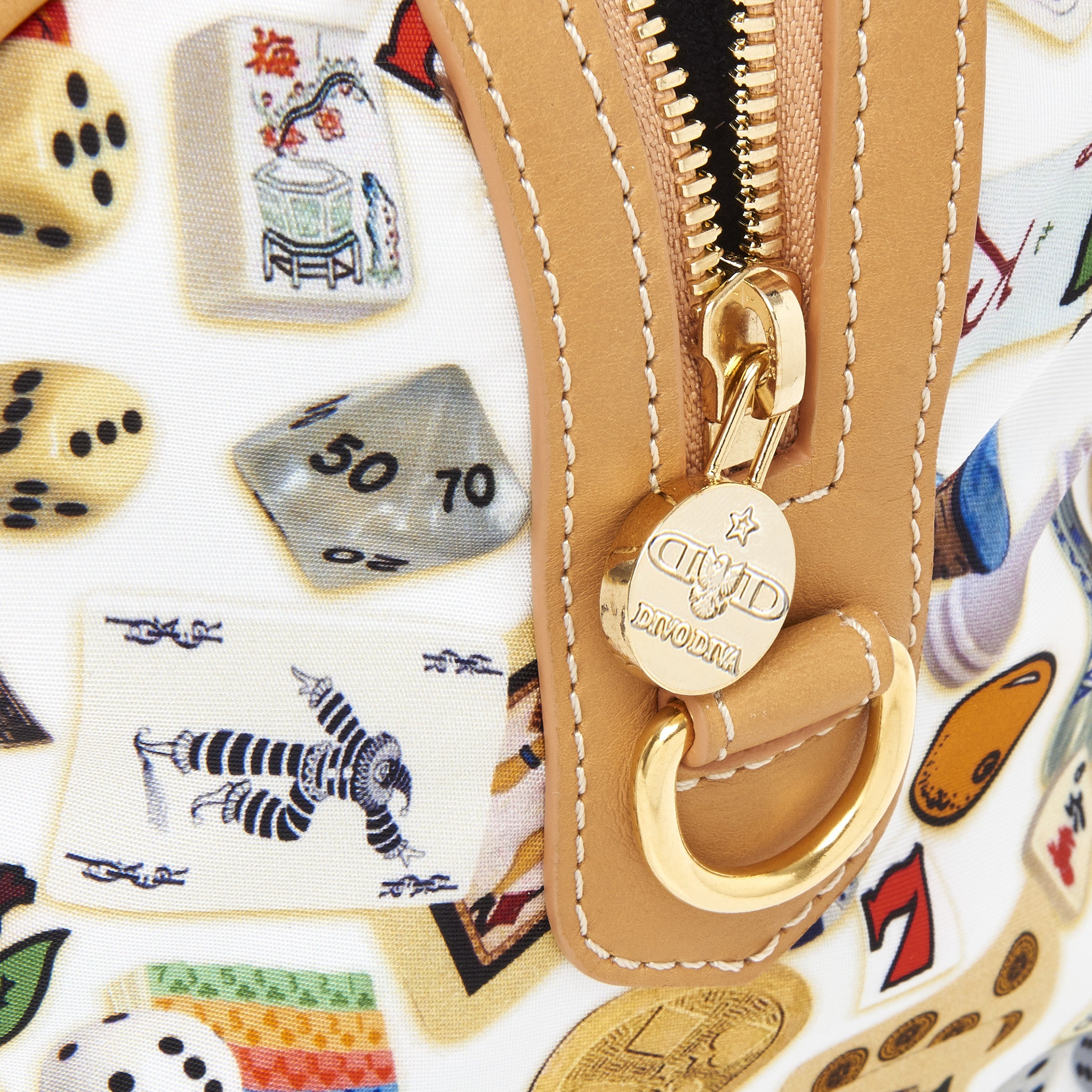 Montecarlo Hand Bag with Nylon Shoulder Strap with Multicolor Gambling Design White/Biscuit