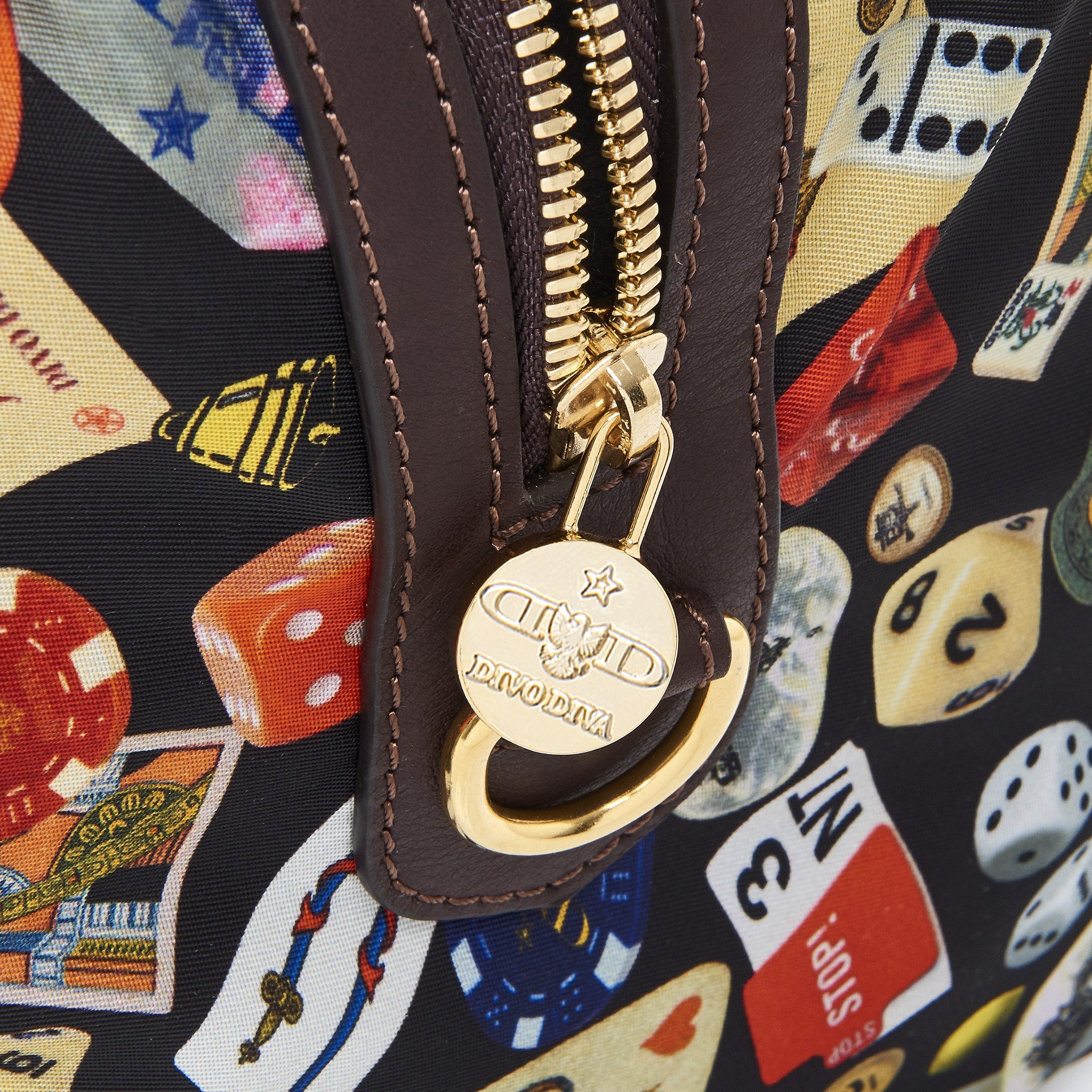 Montecarlo Hand Bag with Nylon Shoulder Strap with Multicolor Gambling Design Black/Cocoa