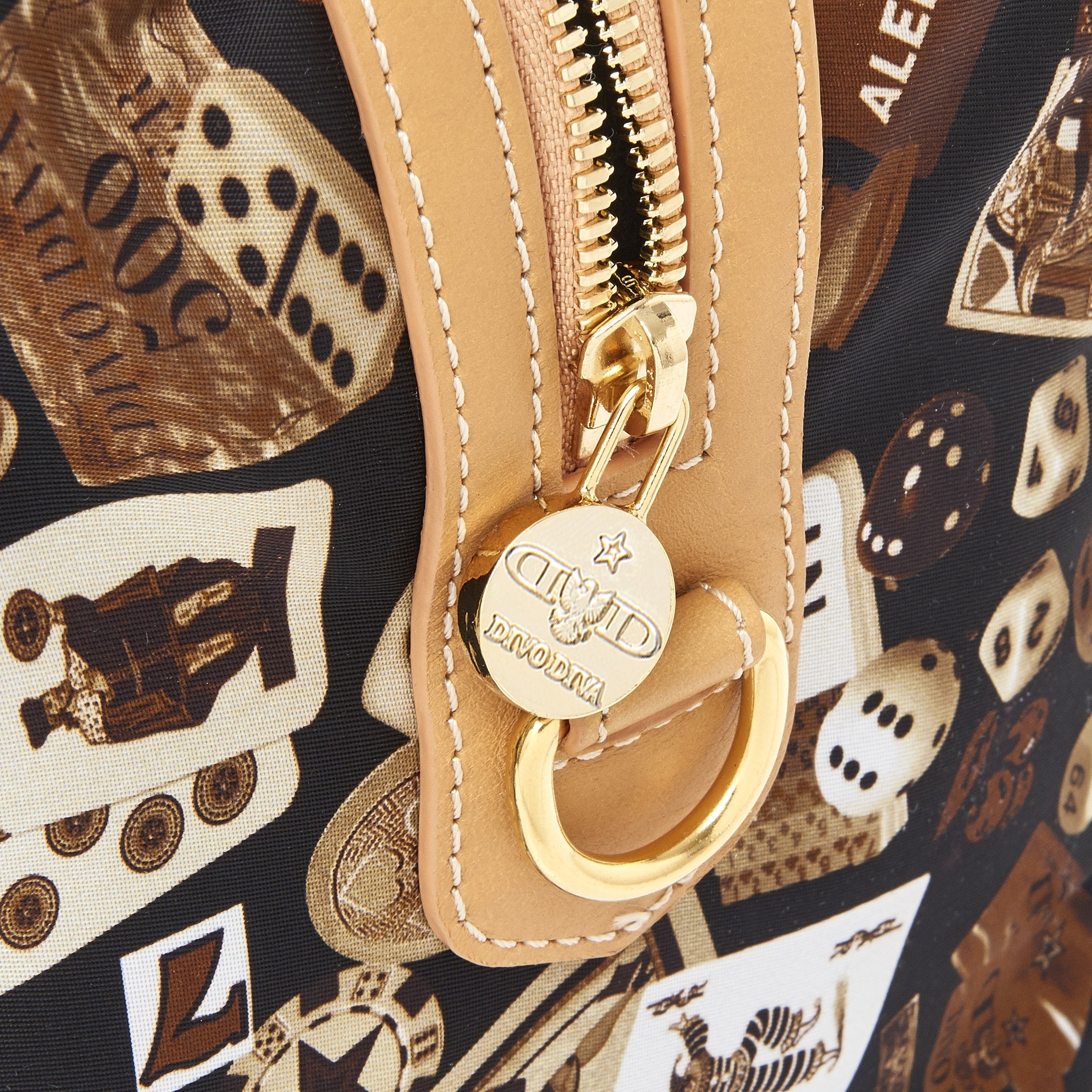 Montecarlo Hand Bag with Nylon Shoulder Strap with Classic Gambling Design Brown/Biscuit