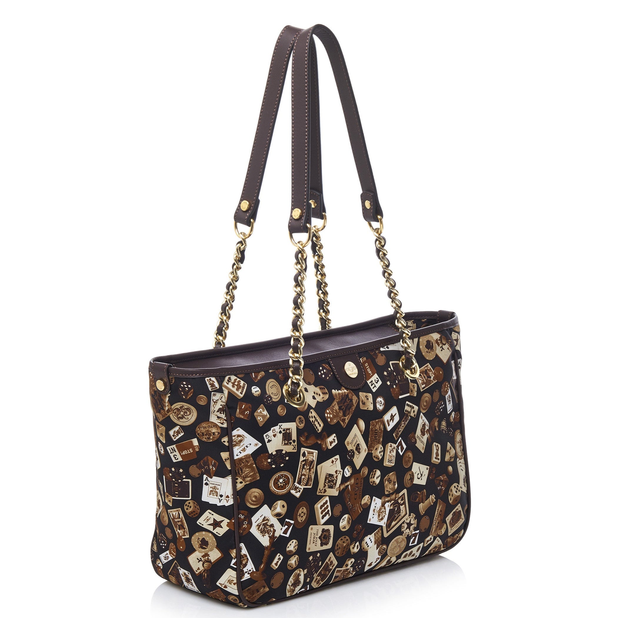 Antibes Borsa shopping piccola con zip e catene in Nylon con Disegno Gambling Classic Marrone/Cacao