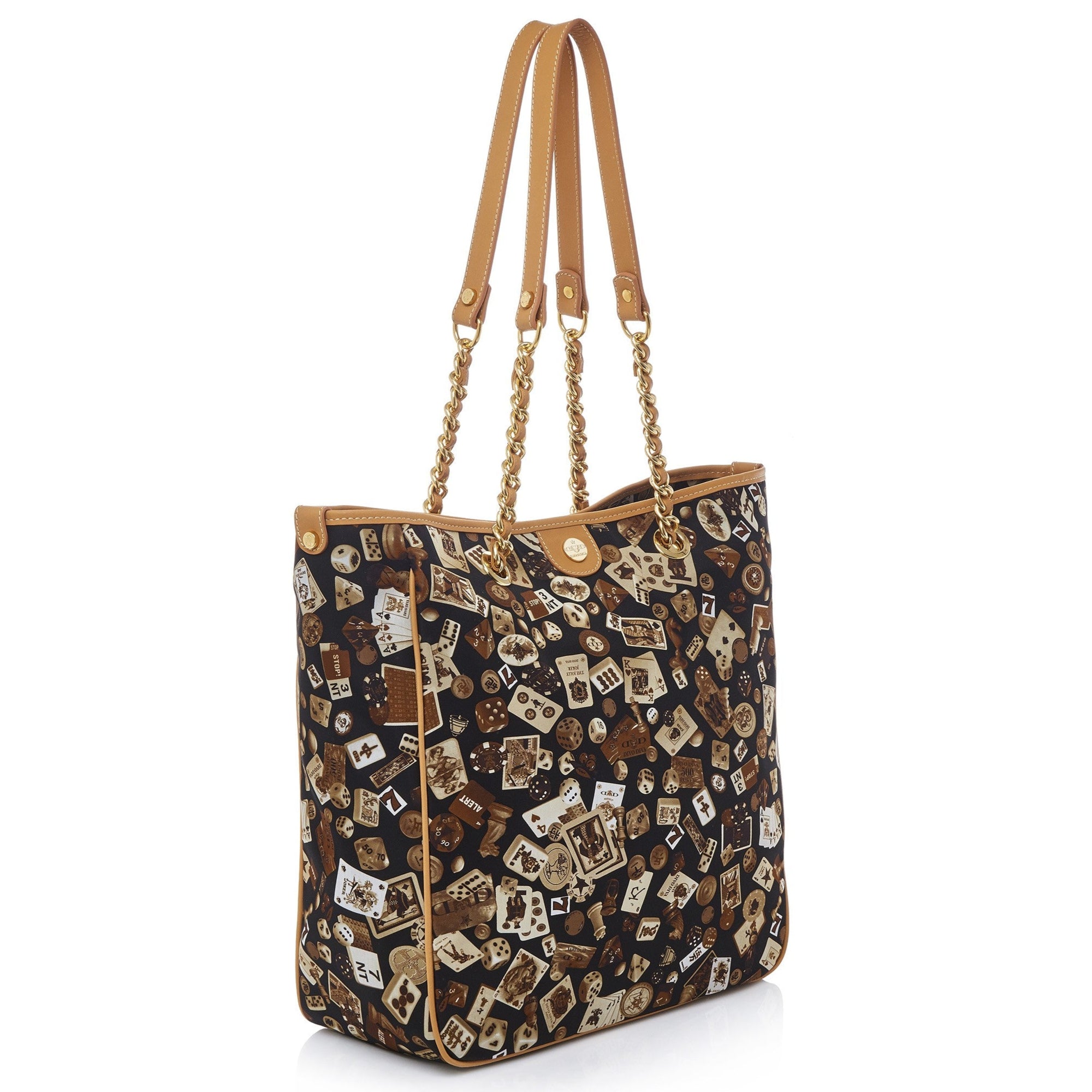 Miami Borsa shopping media con catene in Nylon con Disegno Gambling Classic Marrone/Biscotto