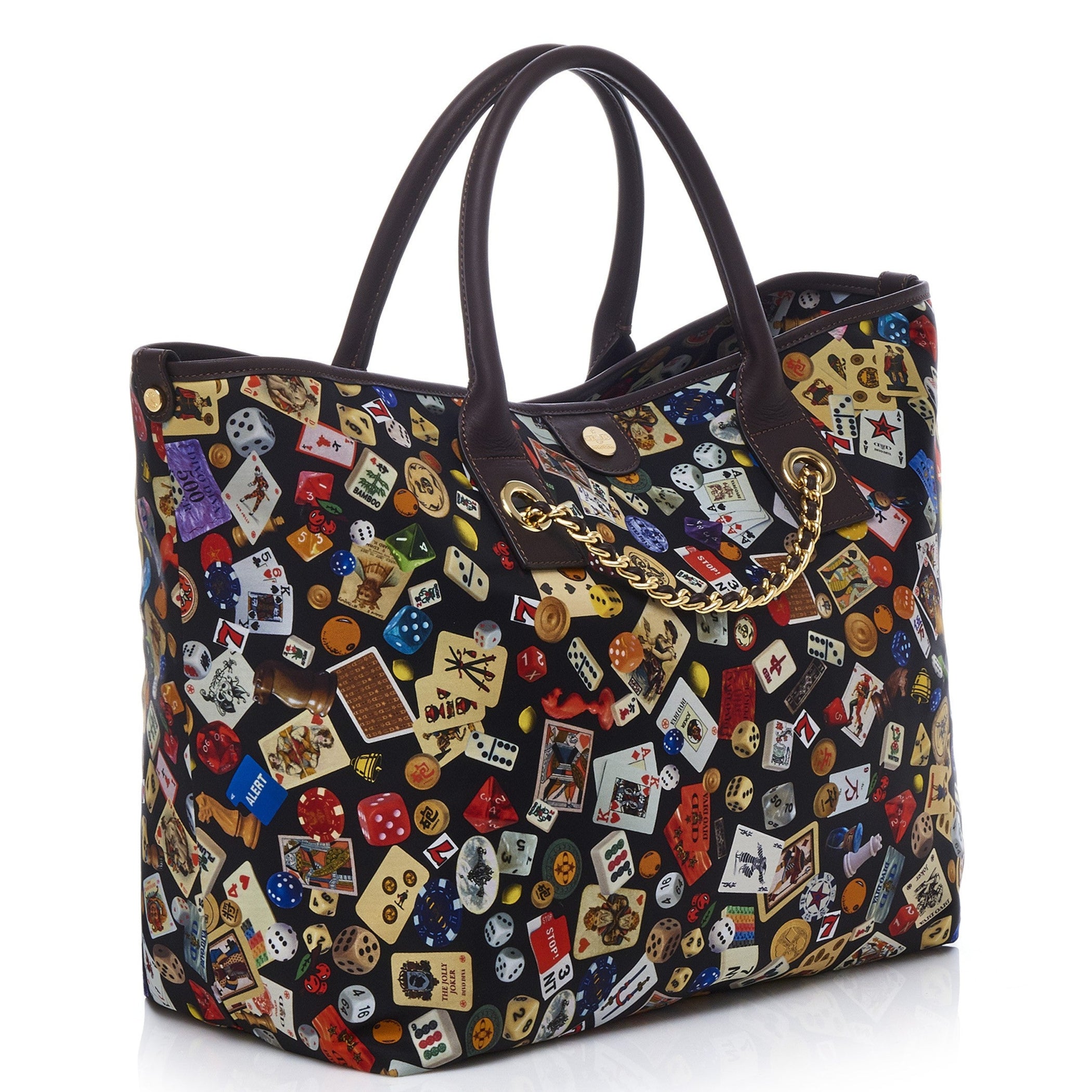 Macao Borsa large shopping bag with Nylon chains featuring Multicolor Gambling Design Black/Cocoa