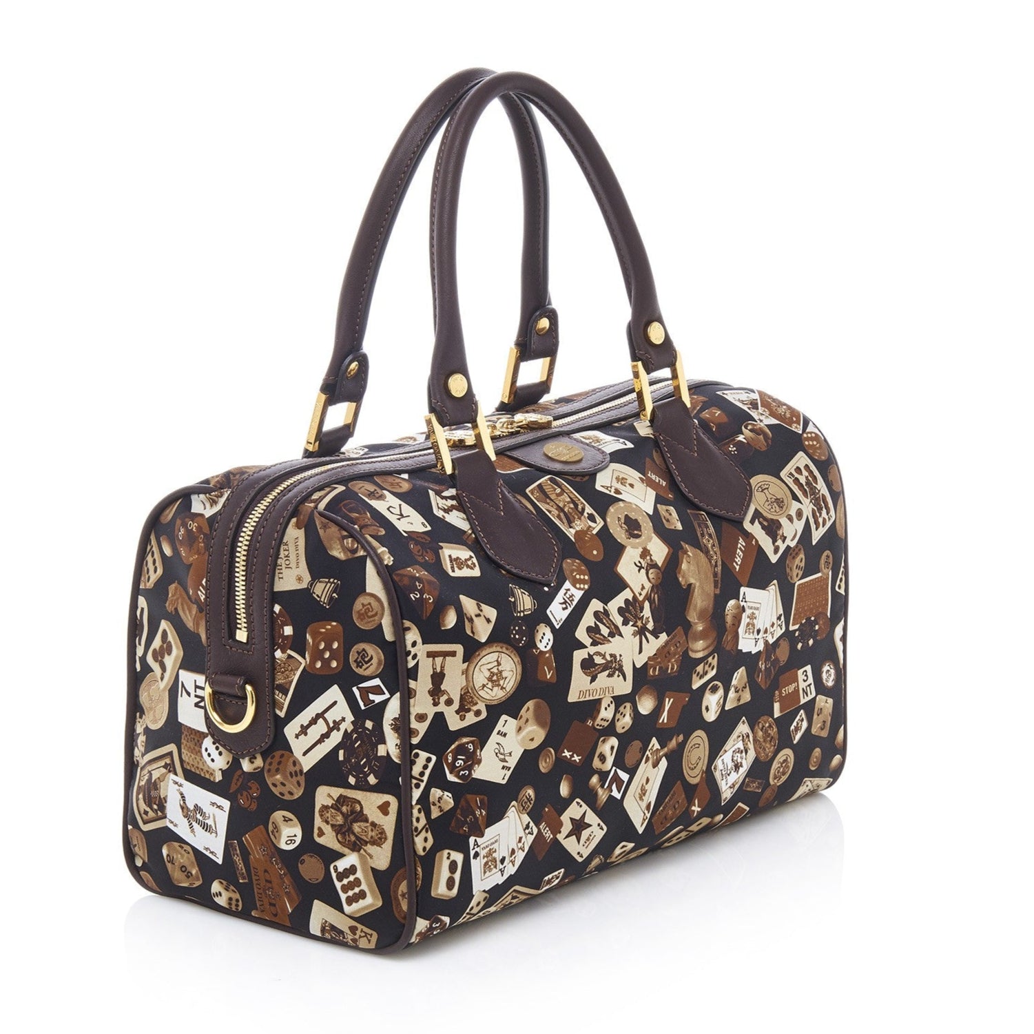 Montecarlo Hand Bag with Nylon Shoulder Strap in Classic Gambling Design Brown/Cocoa