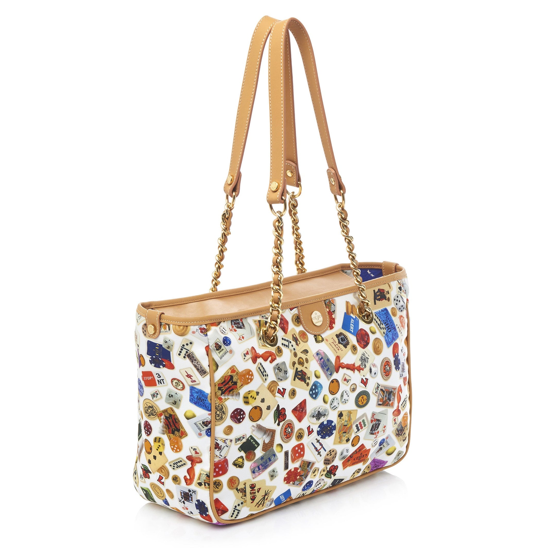 Antibes Borsa shopping piccola con zip e catene in Nylon con Disegno Gambling Multicolor Bianco/Biscotto