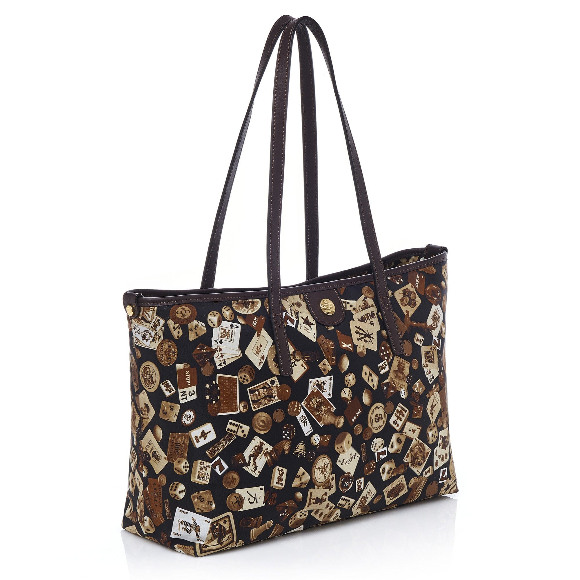 Marbella Borsa shopping media con zip in Nylon con Disegno Gambling Classic Marrone/Cacao
