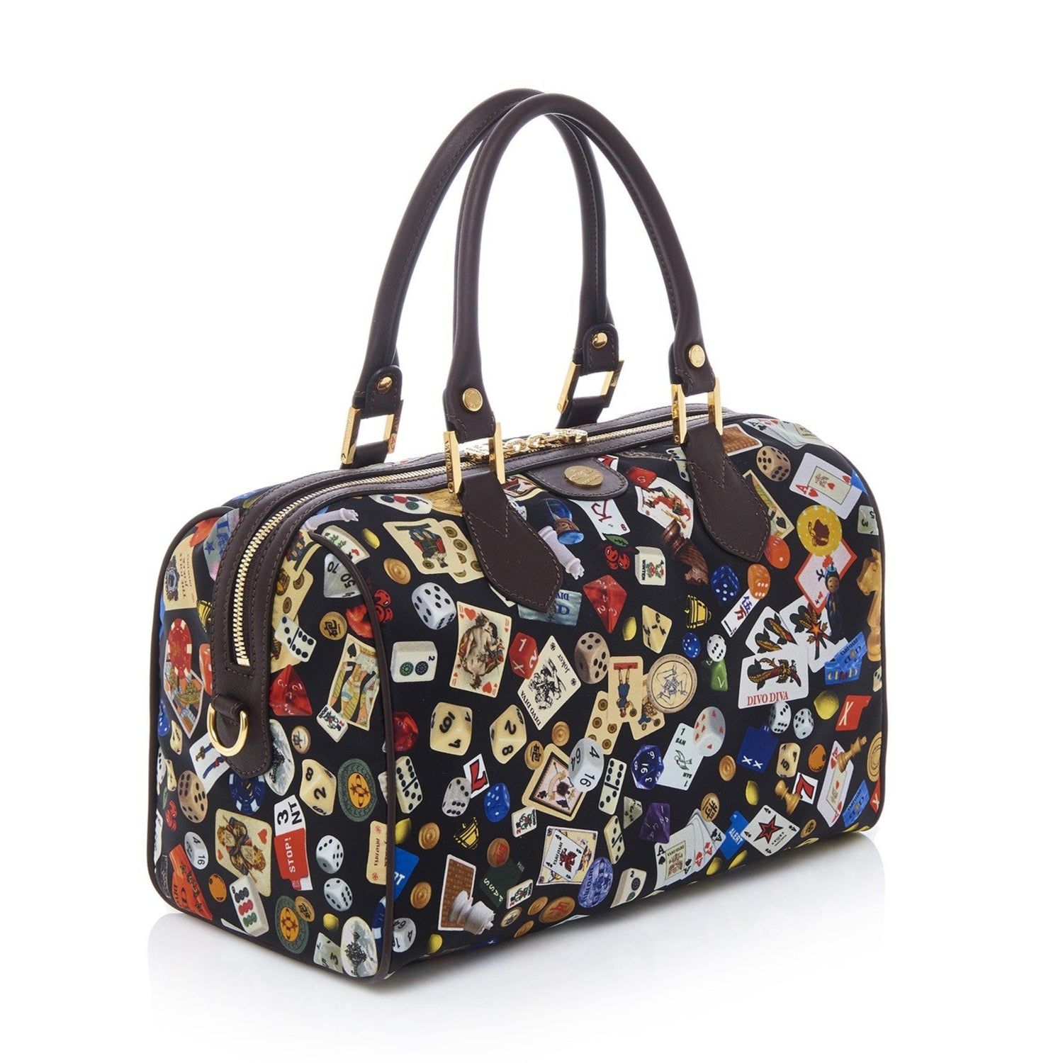 Montecarlo Hand Bag with Nylon Shoulder Strap with Multicolor Gambling Design Black/Cocoa