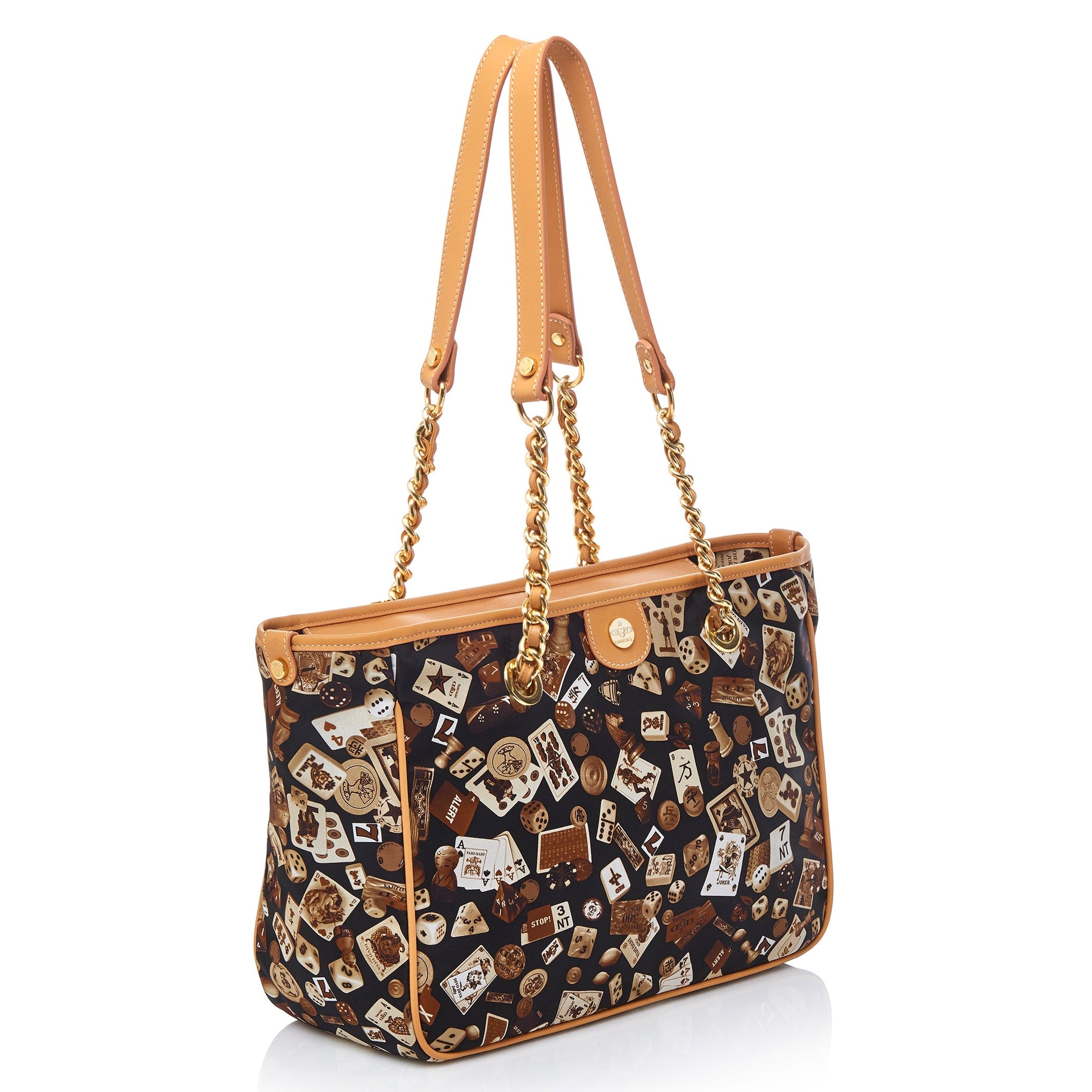 Antibes Borsa shopping piccola con zip e catene in Nylon con Disegno Gambling Classic Marrone/Biscotto