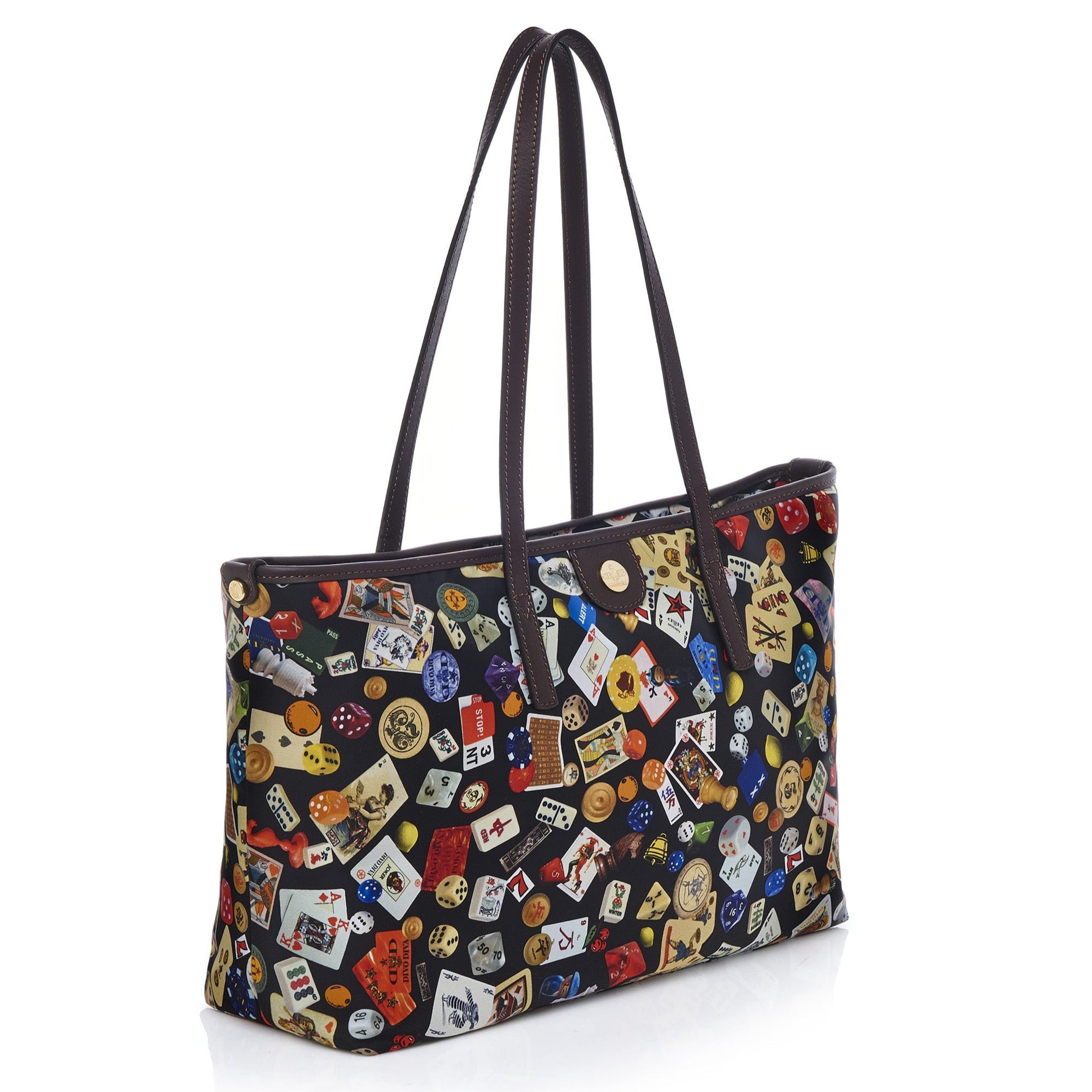 Marbella Borsa shopping media con zip in Nylon con Disegno Gambling Multicolor Nero/Cacao