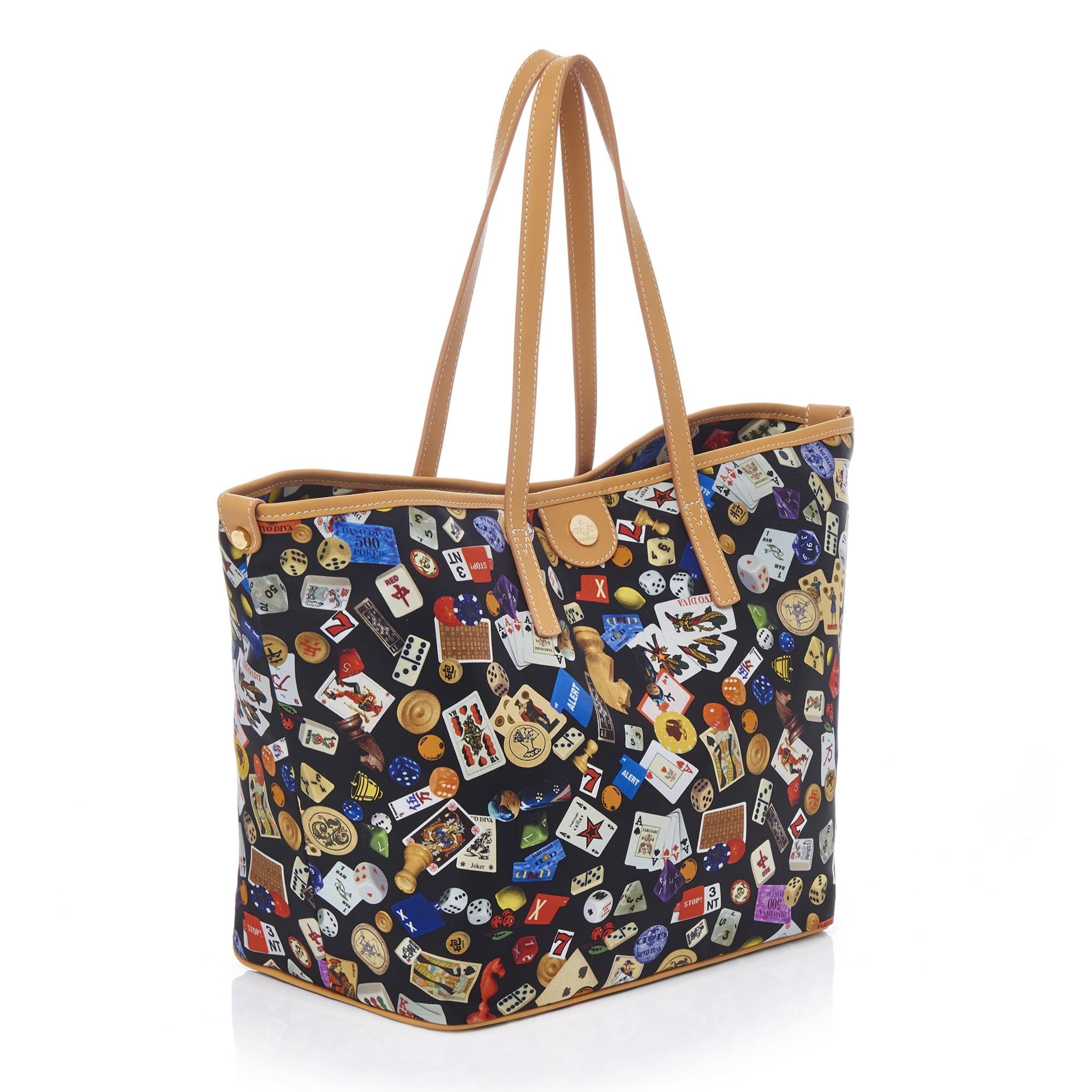 Sanremo Borsa shopping media in Nylon con Disegno Gambling Multicolor Nero/Biscotto