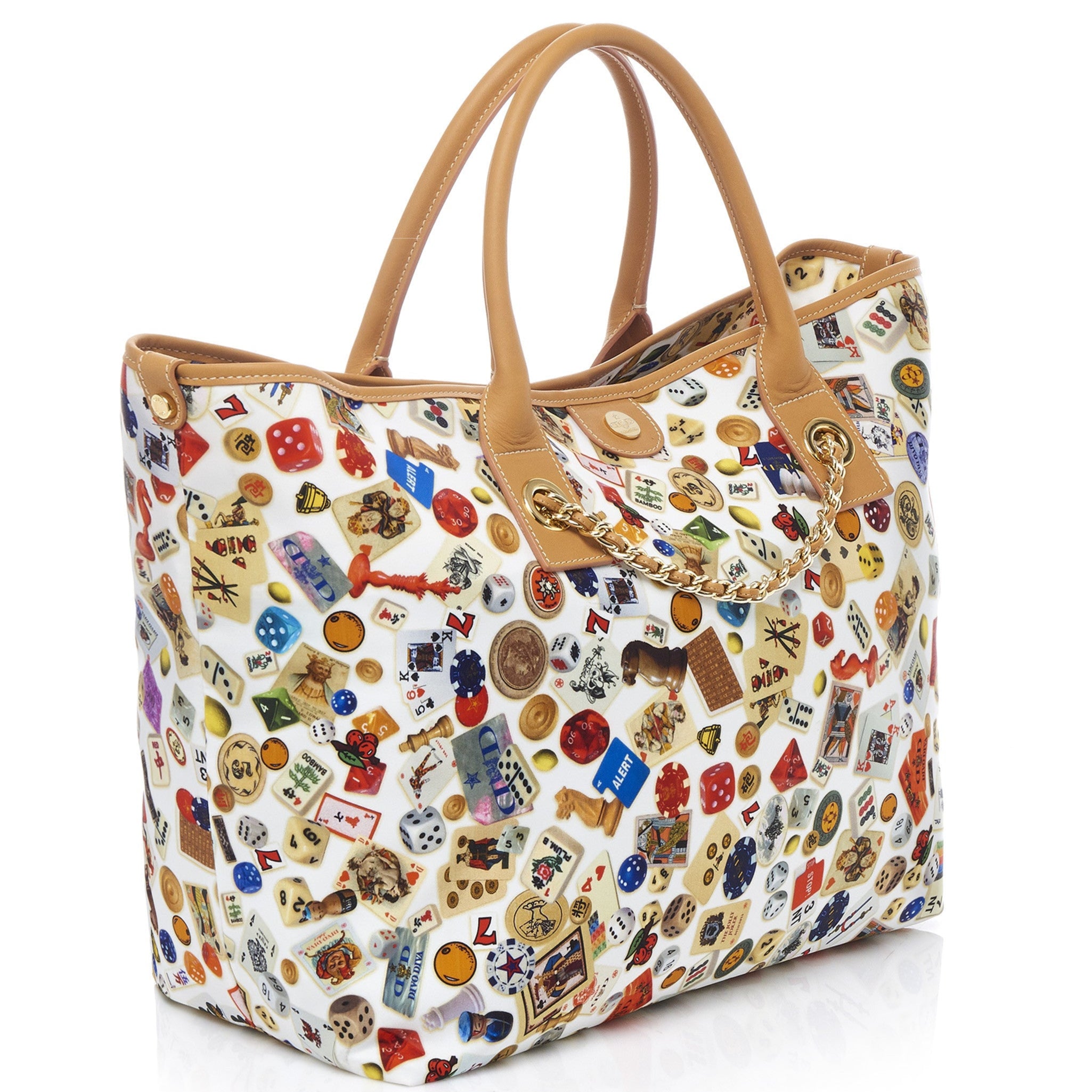 Macao Borsa large shopping bag with Nylon chains featuring Multicolor Gambling Design White/Cookie