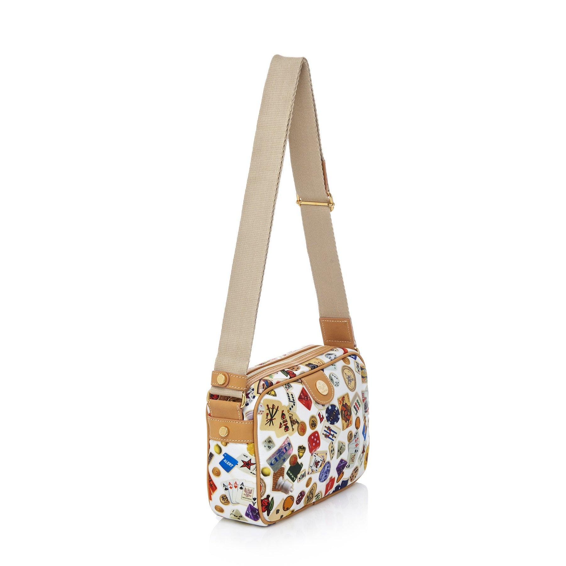Seoul Nylon Shoulder Bag with Multicolor Gambling Design White/Biscuit