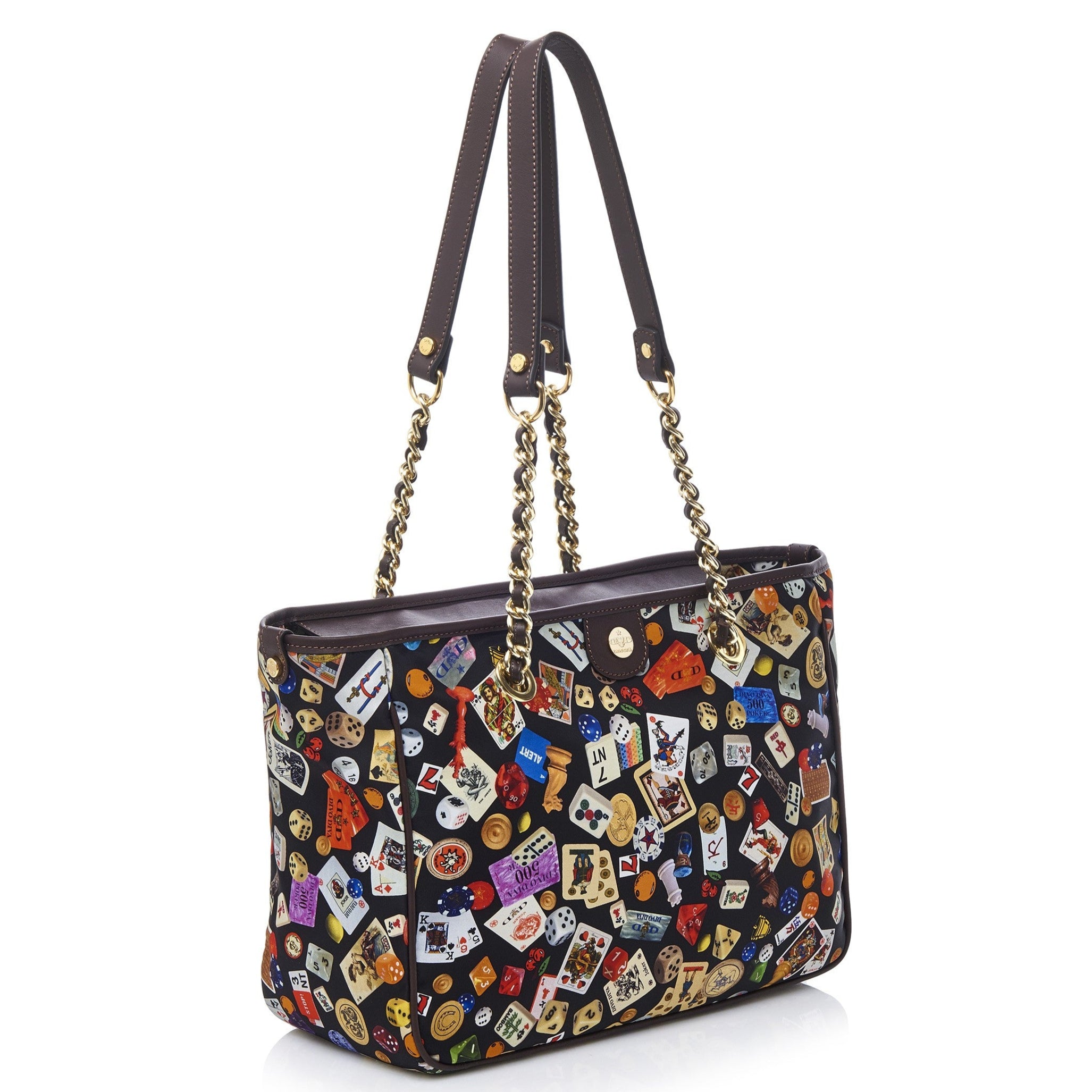 Antibes Borsa shopping piccola con zip e catene in Nylon con Disegno Gambling Multicolor Nero/Cacao