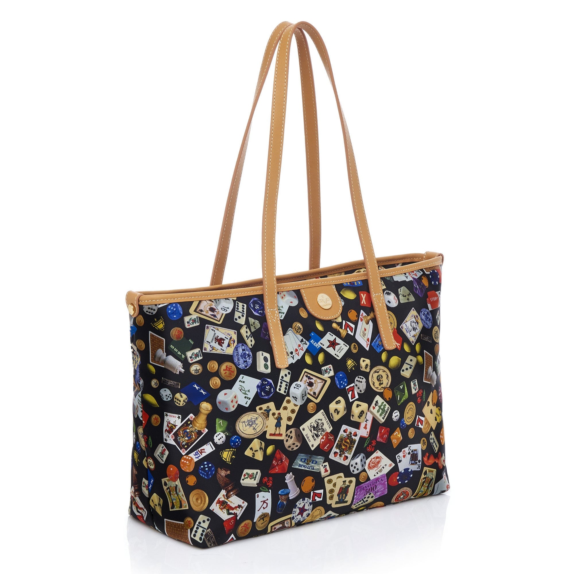 Marbella Borsa shopping media con zip in Nylon con Disegno Gambling Multicolor Nero/Biscotto