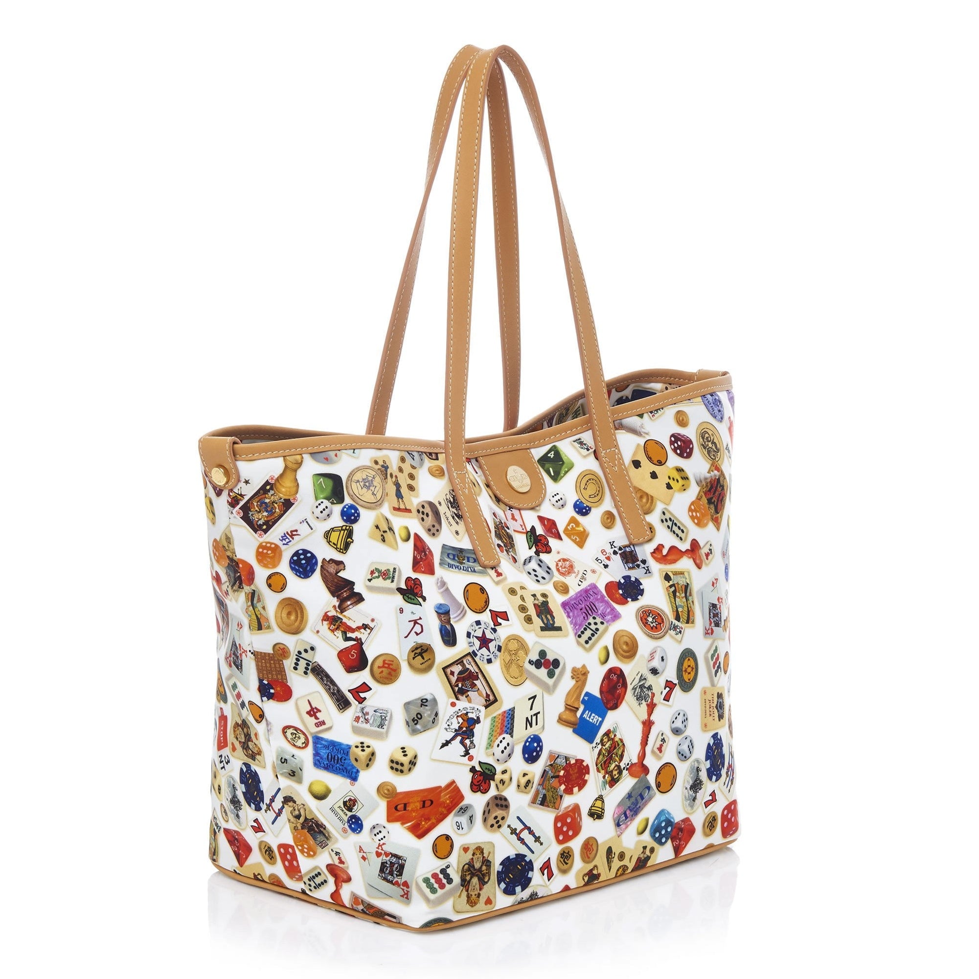 Sanremo Borsa shopping medium in Nylon with Multicolor Gambling Design White/Biscuit