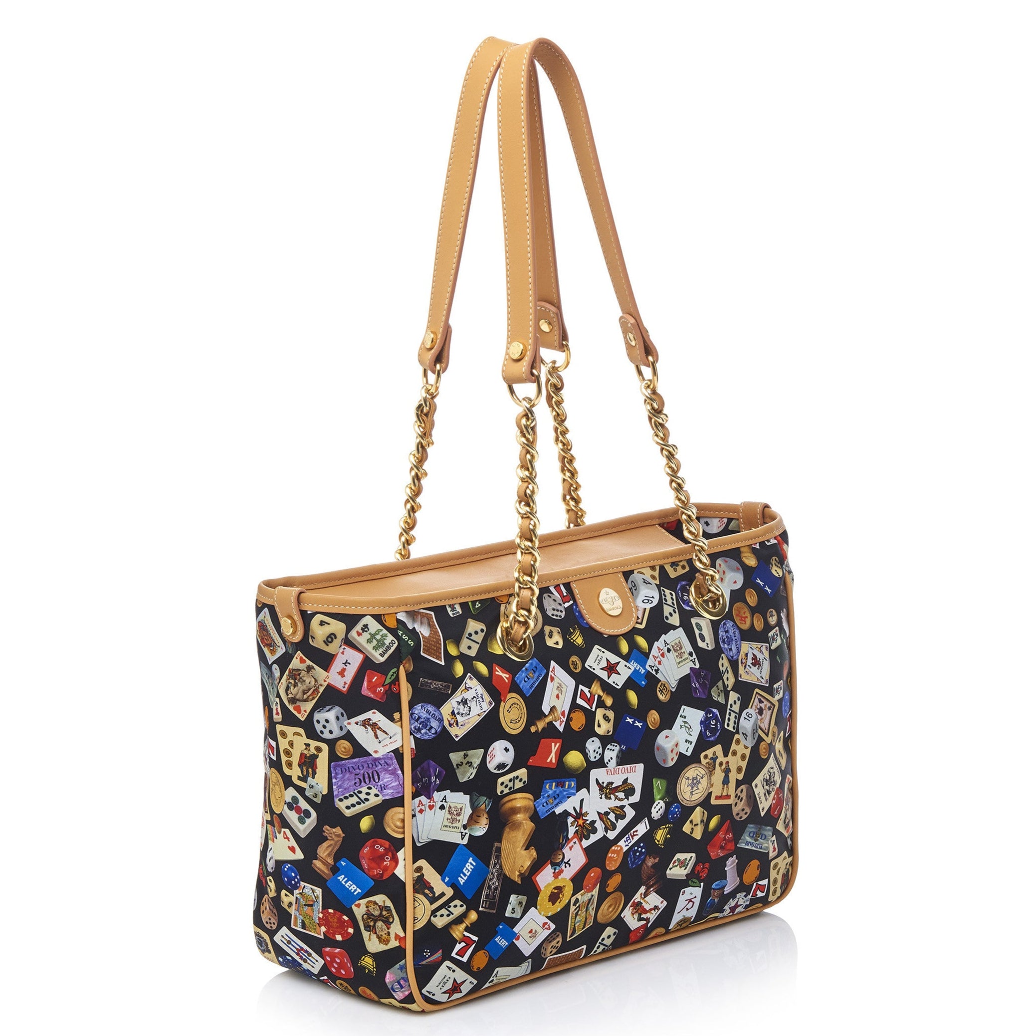 Antibes Borsa shopping piccola con zip e catene in Nylon con Disegno Gambling Multicolor Nero/Biscotto