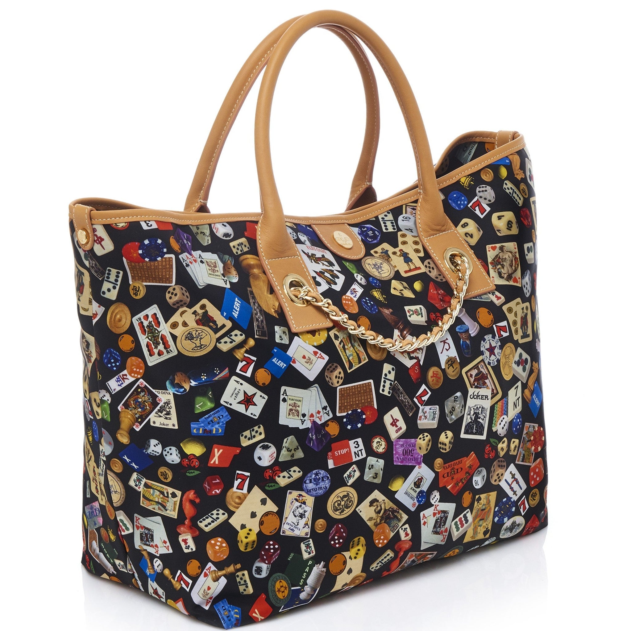 Macao Borsa large shopping bag with Nylon chains featuring Multicolor Gambling Design Black/Cookie
