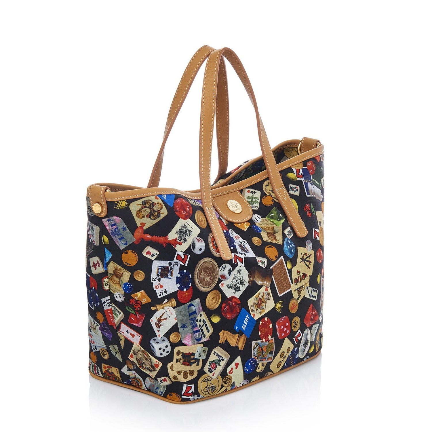 Venice small shopping bag with nylon shoulder strap with multicolor gambling design black/biscuit