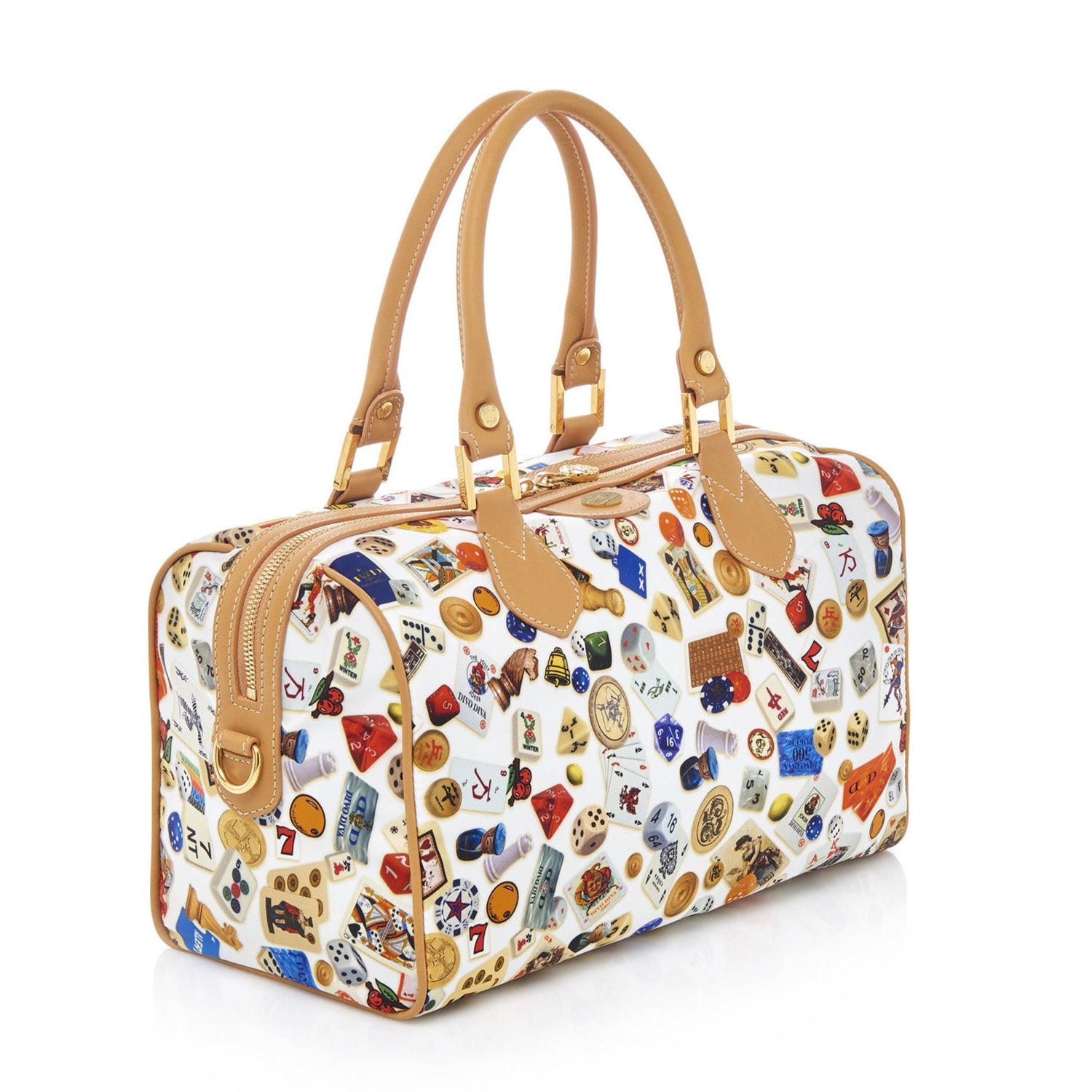 Montecarlo Hand Bag with Nylon Shoulder Strap with Multicolor Gambling Design White/Biscuit