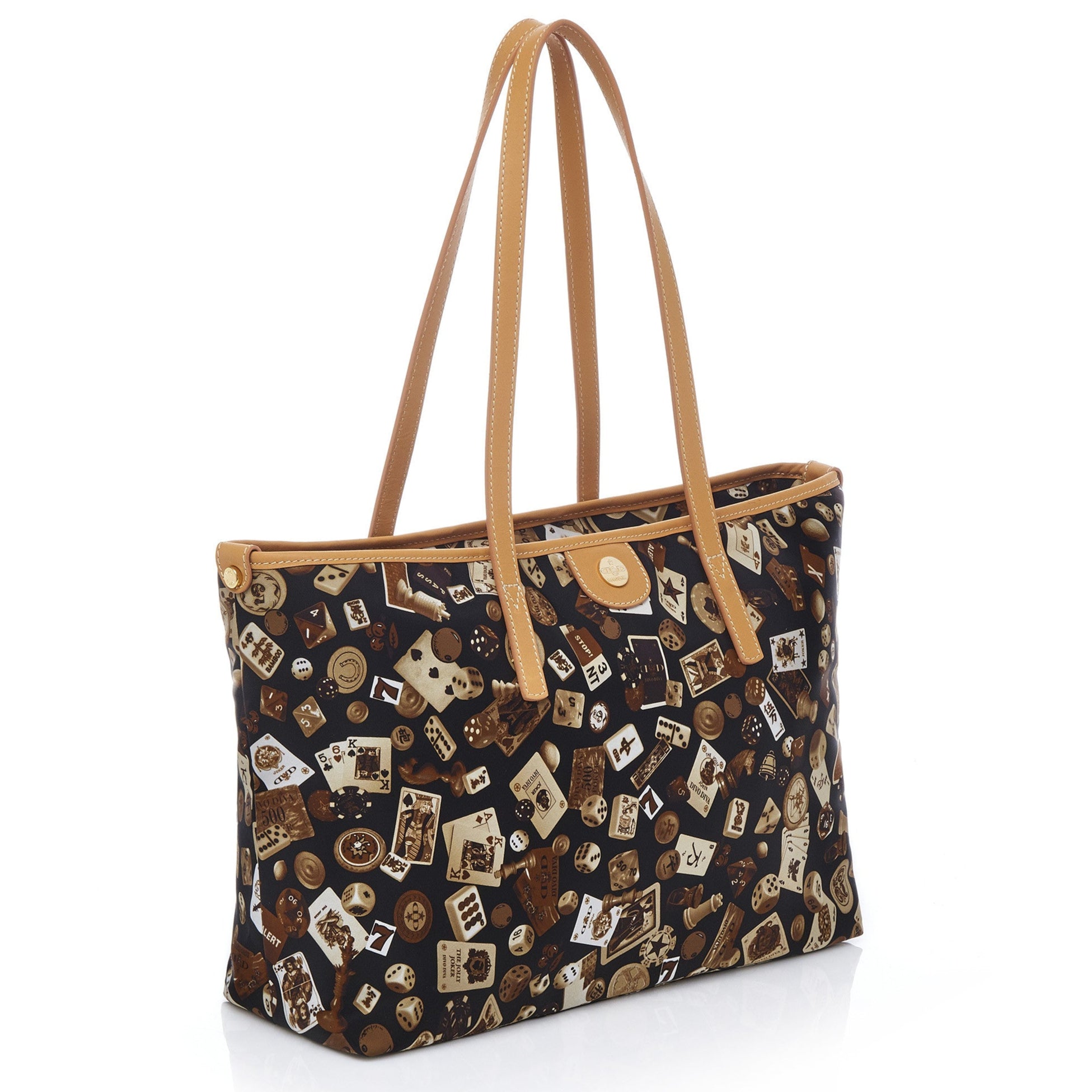 Marbella Borsa shopping media con zip in Nylon con Disegno Gambling Classic Marrone/Biscotto