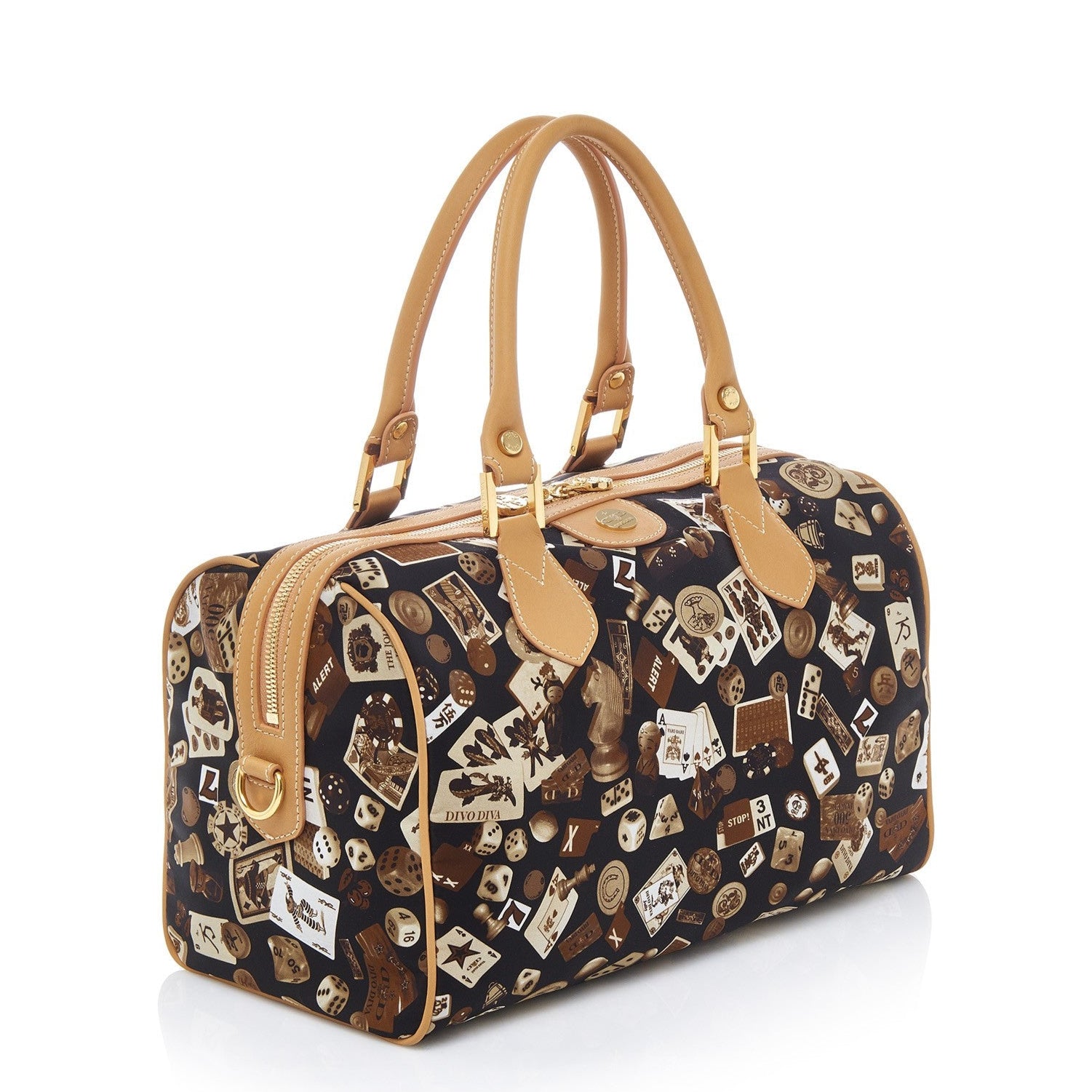 Montecarlo Hand Bag with Nylon Shoulder Strap with Classic Gambling Design Brown/Biscuit