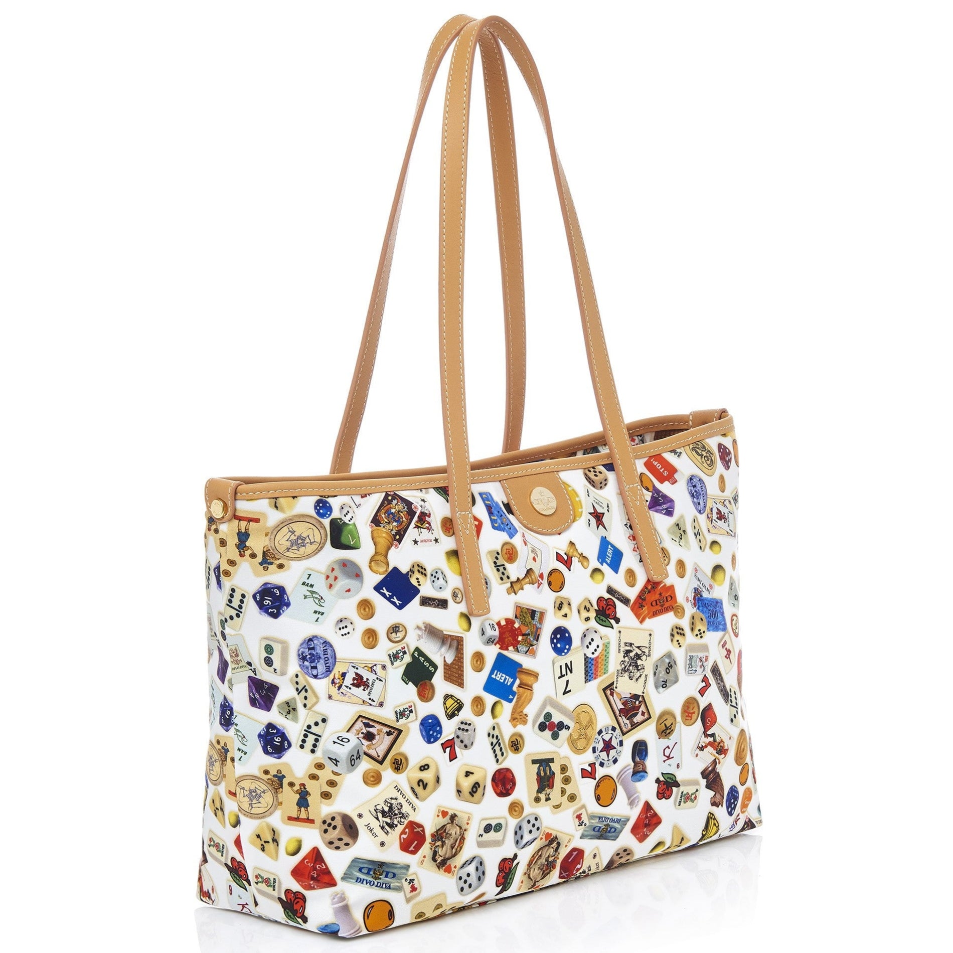 Marbella Borsa shopping media con zip in Nylon con Disegno Gambling Multicolor Bianco/Biscotto