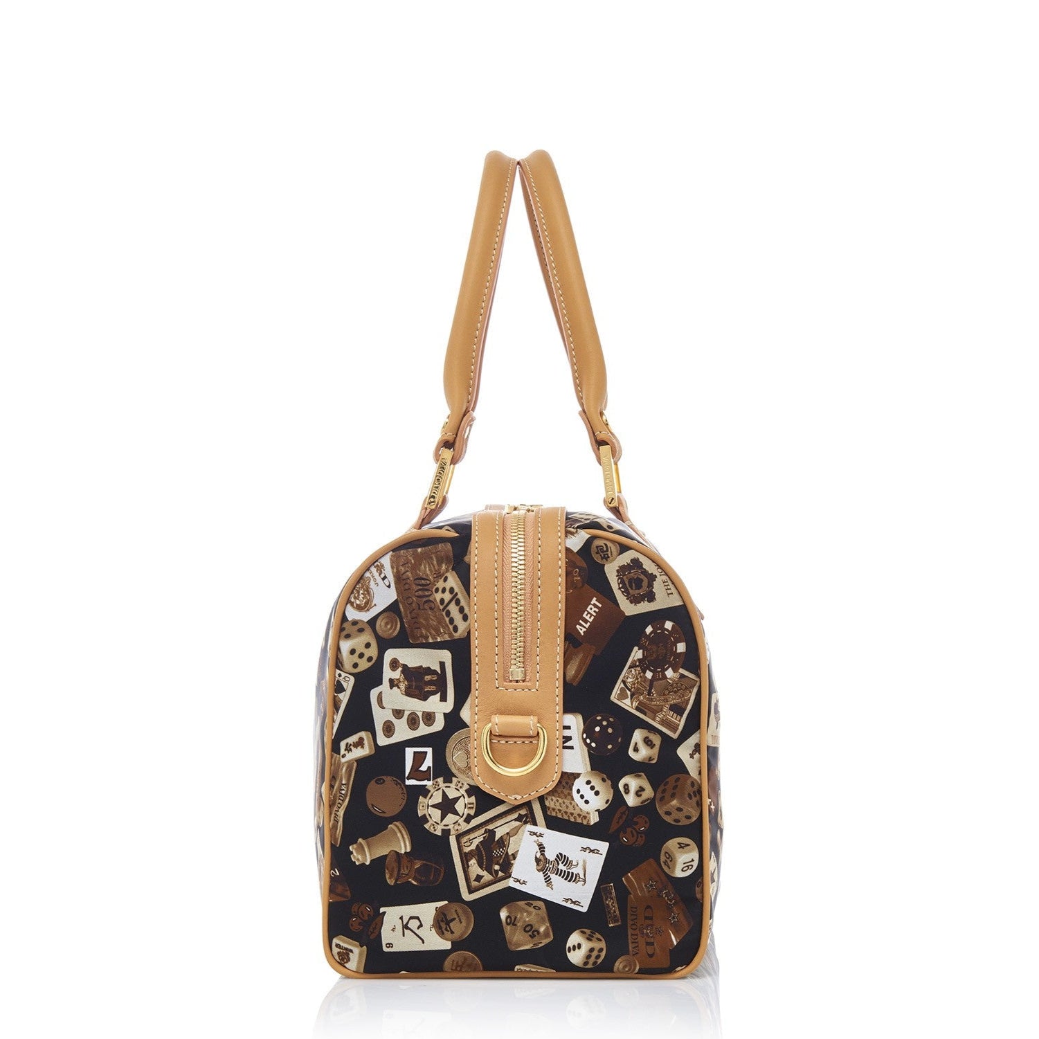 Montecarlo Hand Bag with Nylon Shoulder Strap with Classic Gambling Design Brown/Biscuit