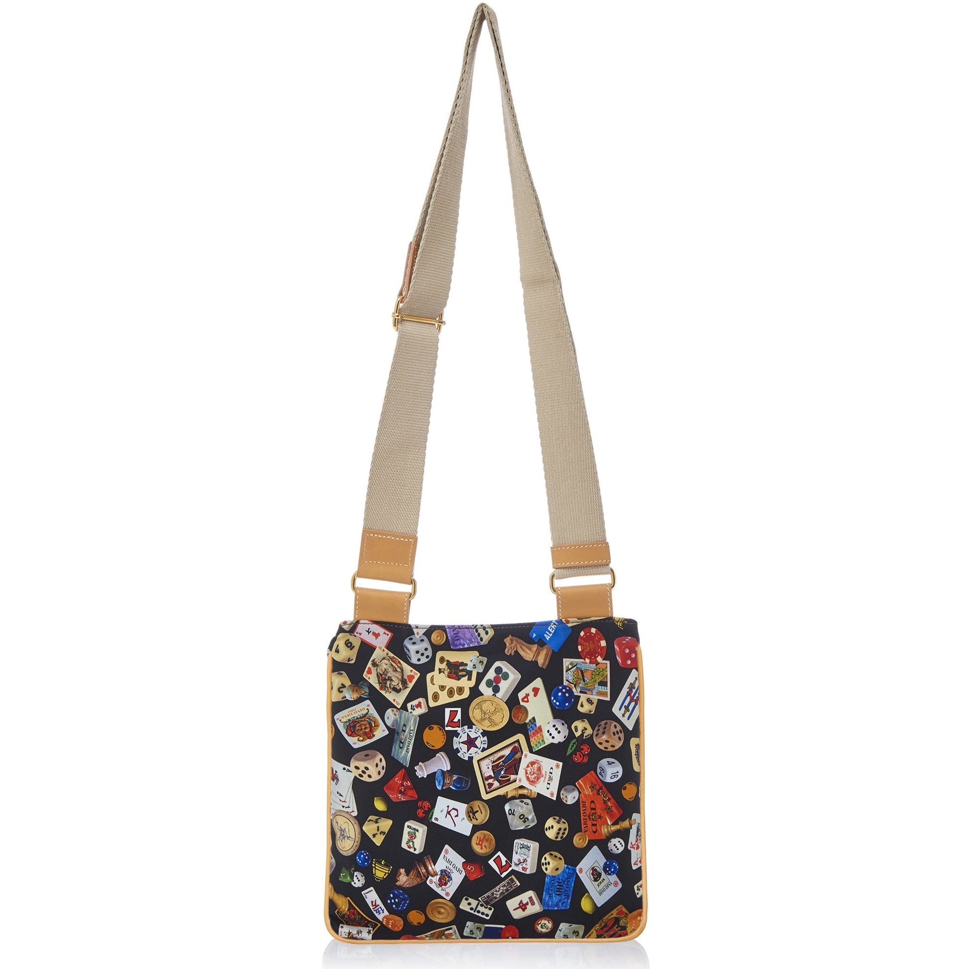 马德里尼龙平板斜挎包，带多彩图案赌博设计，黑色/饼干色