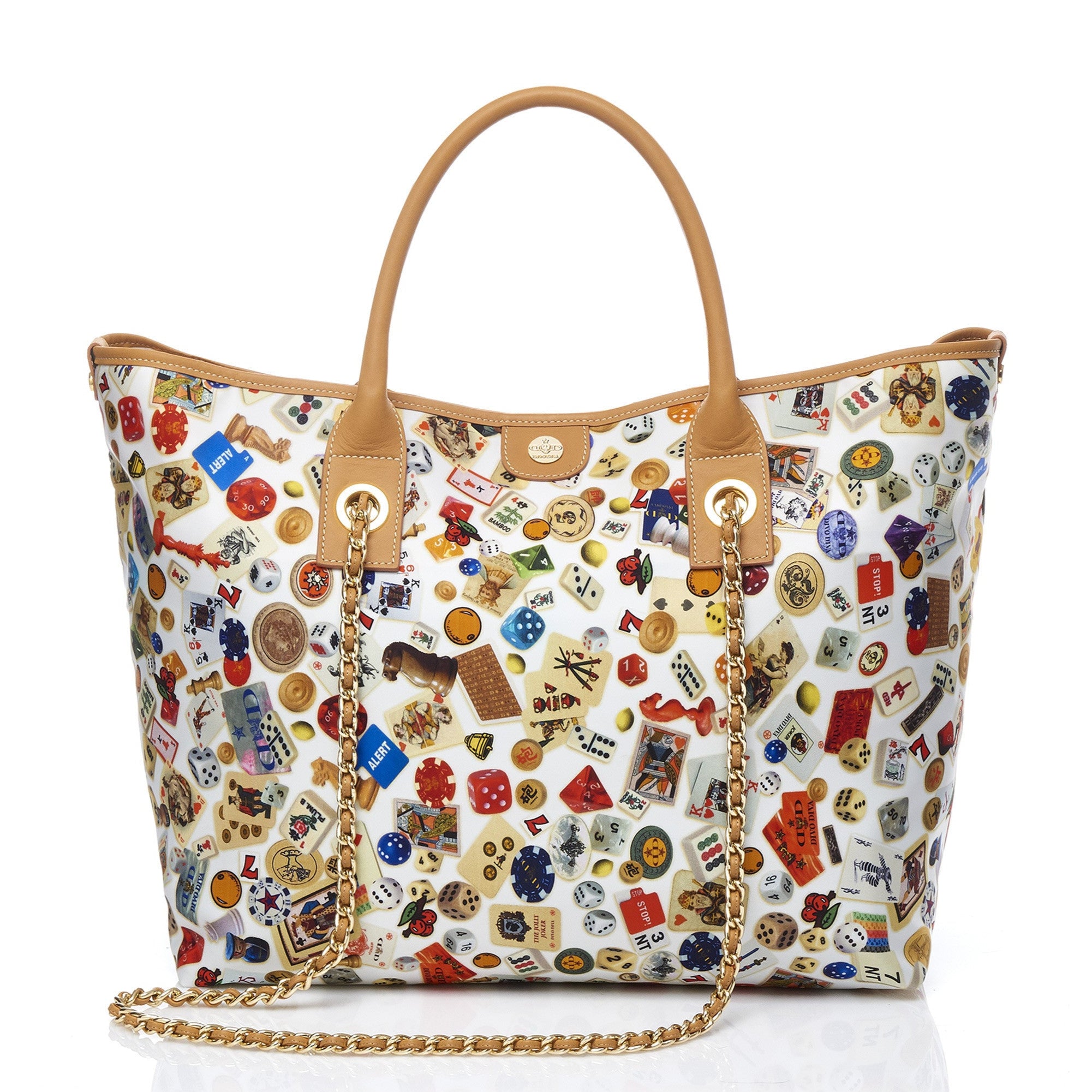 Macao Borsa large shopping bag with Nylon chains featuring Multicolor Gambling Design White/Cookie