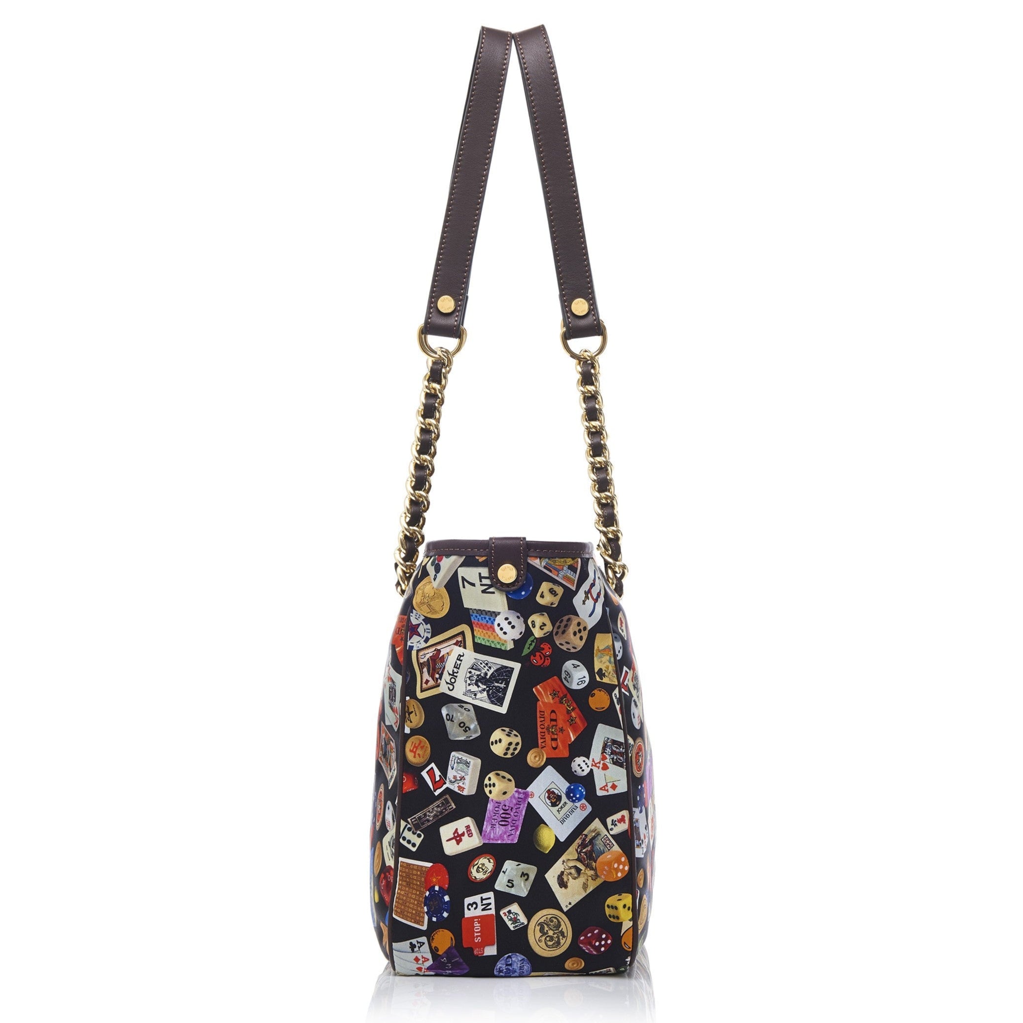 Antibes Borsa shopping piccola con zip e catene in Nylon con Disegno Gambling Multicolor Nero/Cacao