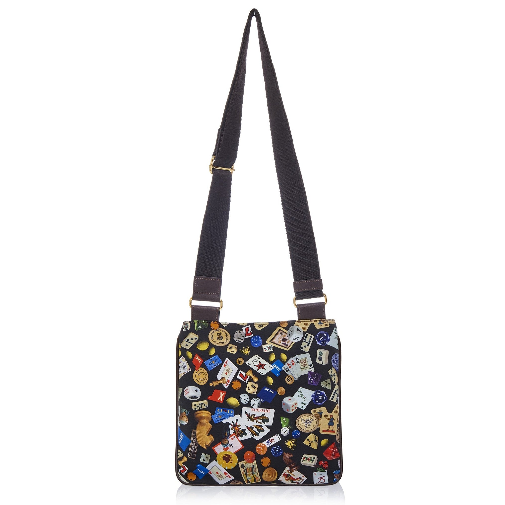 马德里尼龙平板斜挎包，带多彩图案，黑色/可可色