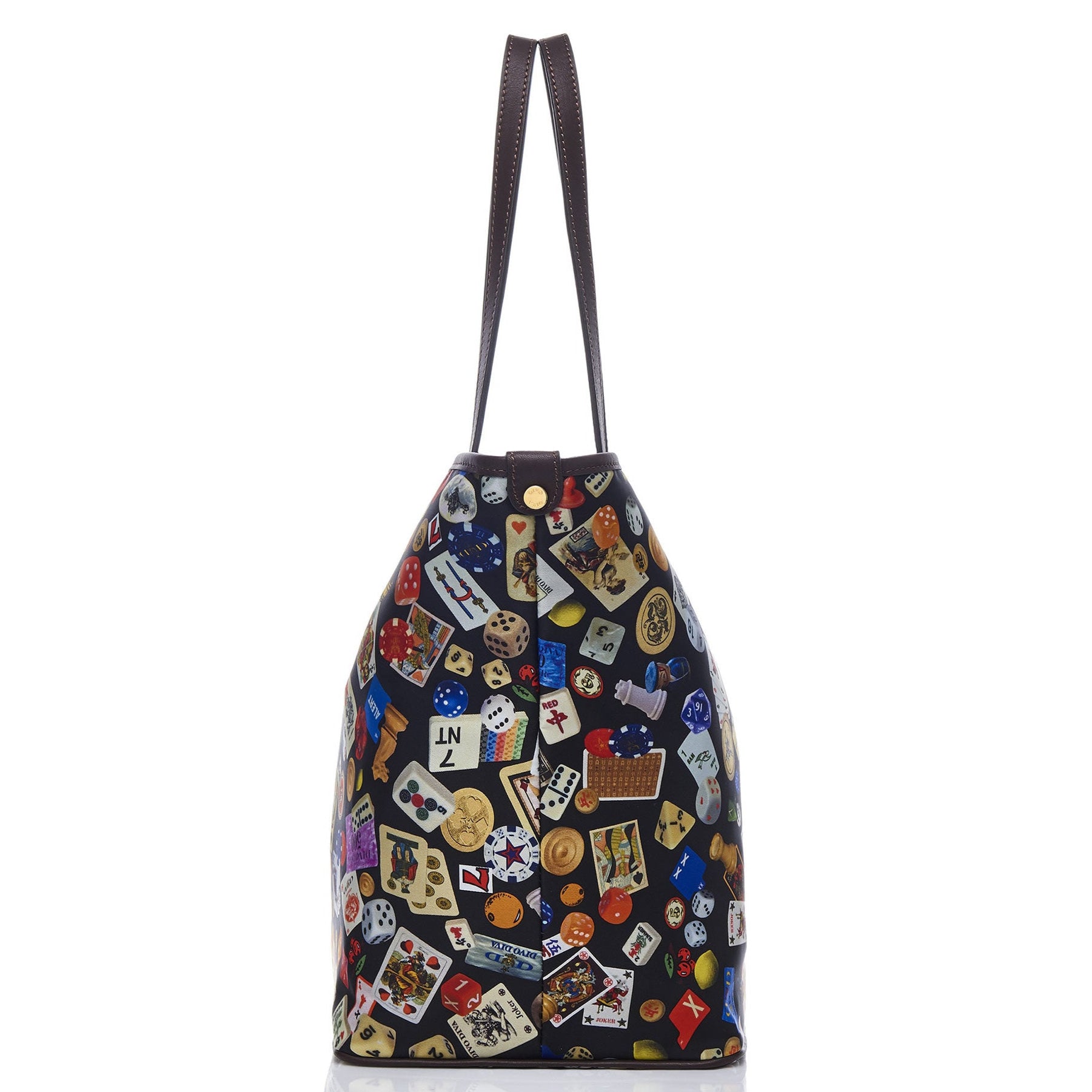 Sanremo 中号尼龙购物包，带多彩图案赌博设计，黑色/可可色