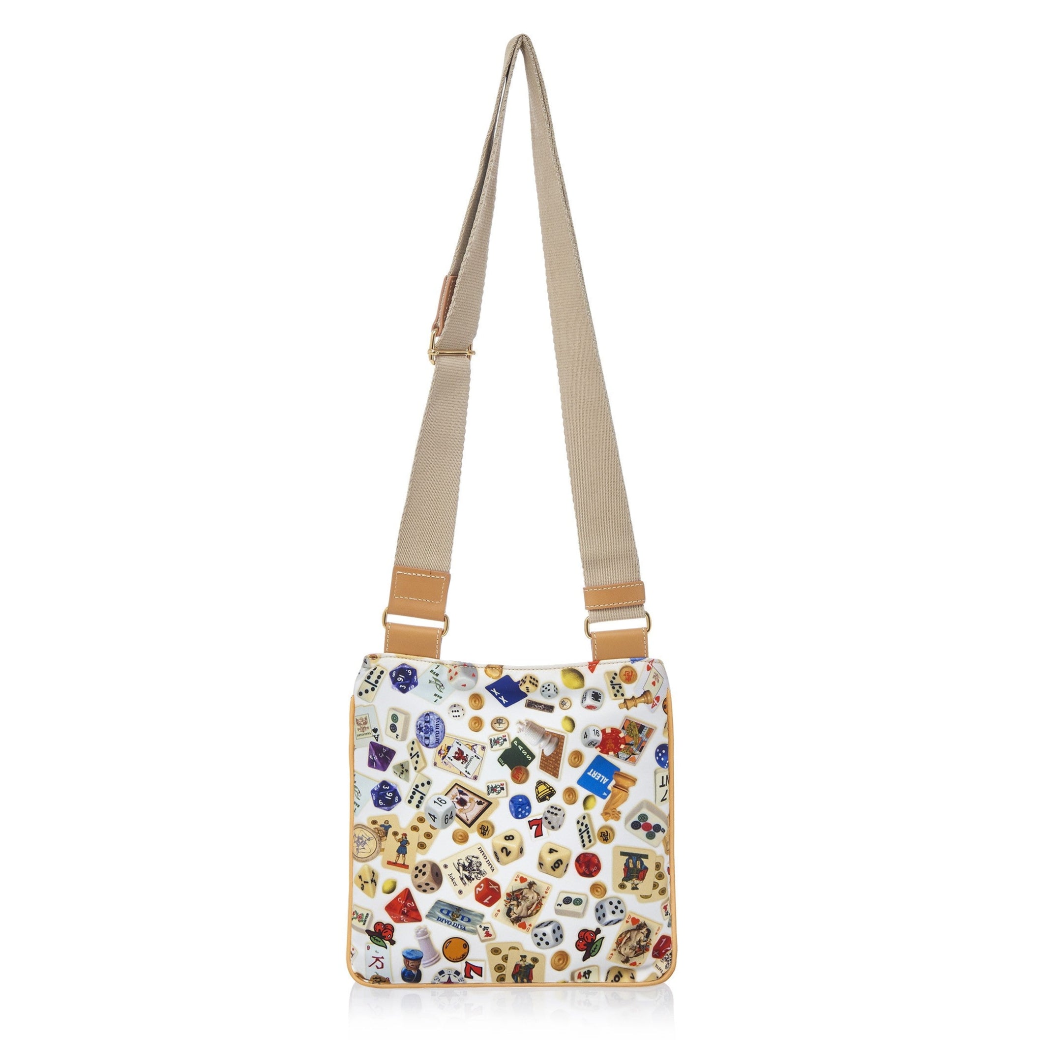 马德里尼龙平板斜挎包，带多彩图案赌博设计，白色/饼干色