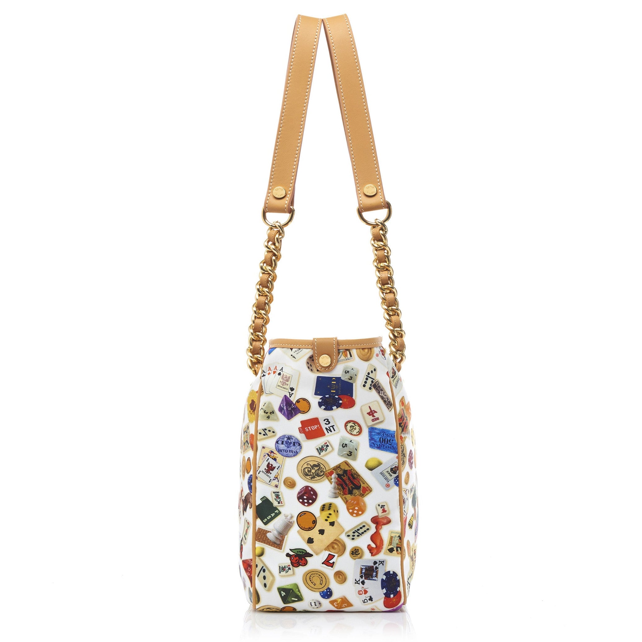Antibes Borsa shopping piccola con zip e catene in Nylon con Disegno Gambling Multicolor Bianco/Biscotto