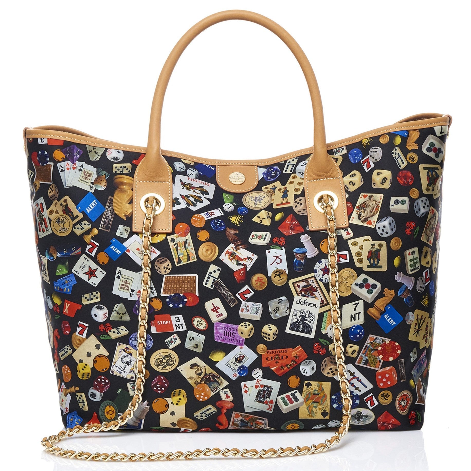 Macao Borsa large shopping bag with Nylon chains featuring Multicolor Gambling Design Black/Cookie