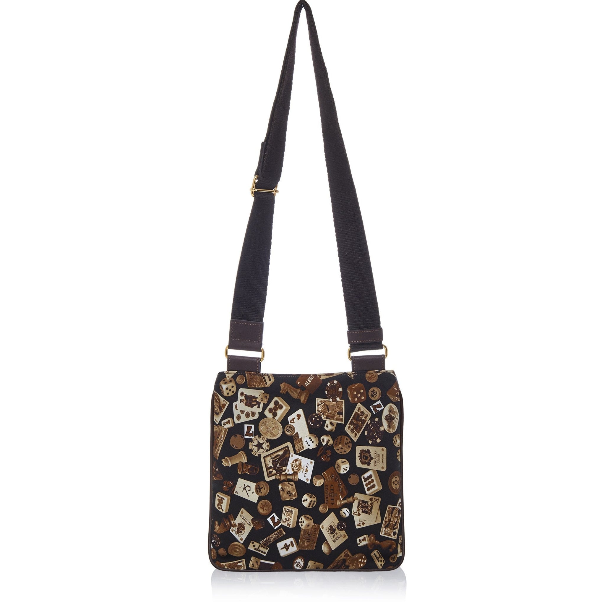 马德里尼龙平板斜挎包，经典赌博图案，棕色/可可色