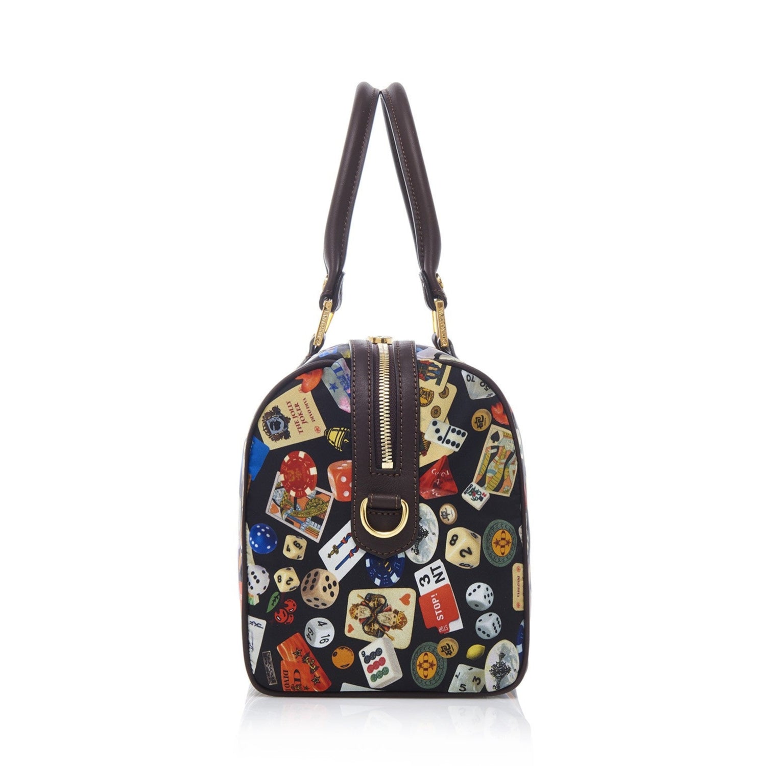 Montecarlo Hand Bag with Nylon Shoulder Strap with Multicolor Gambling Design Black/Cocoa